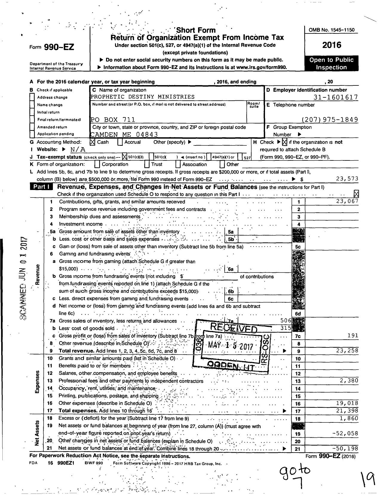 Image of first page of 2016 Form 990EZ for Eastgate Ministries