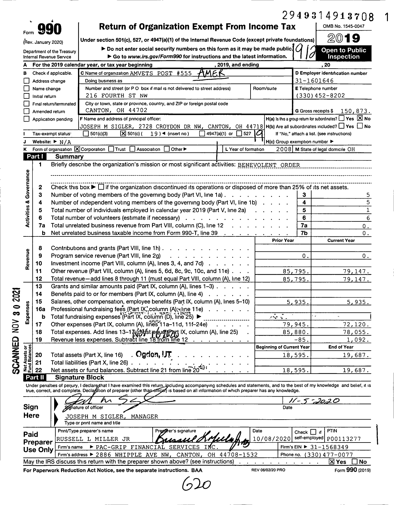 Image of first page of 2019 Form 990O for Amvets - 0555-oh