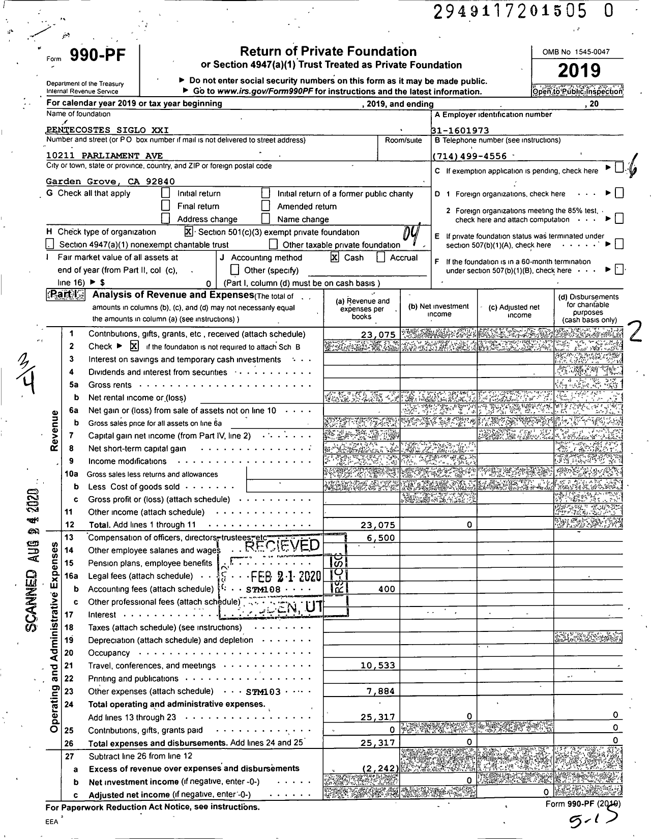 Image of first page of 2019 Form 990PR for Pentecostes Siglo Xxi