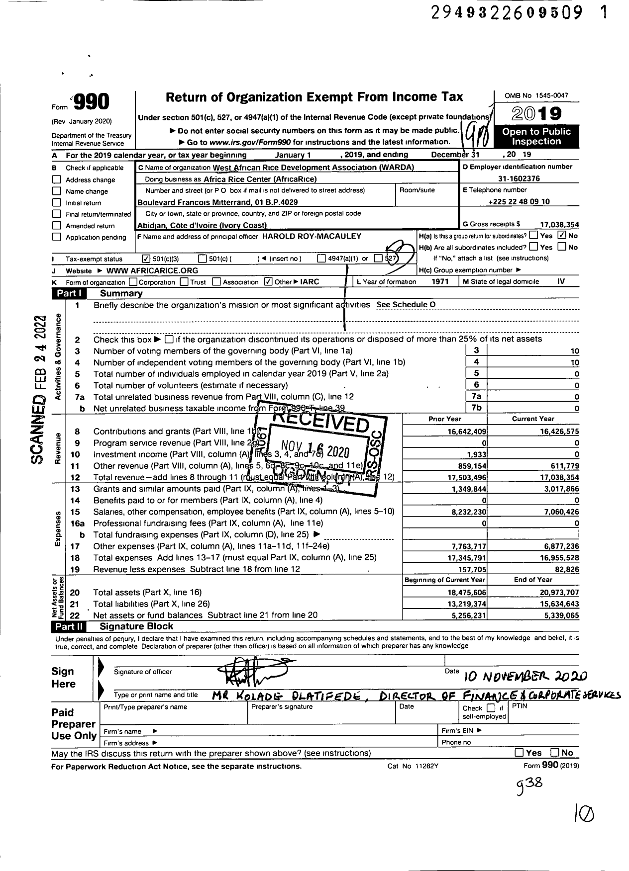 Image of first page of 2019 Form 990 for Africa Rice Center