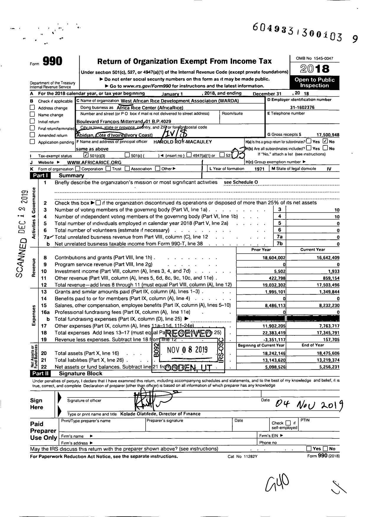 Image of first page of 2018 Form 990 for Africa Rice Center