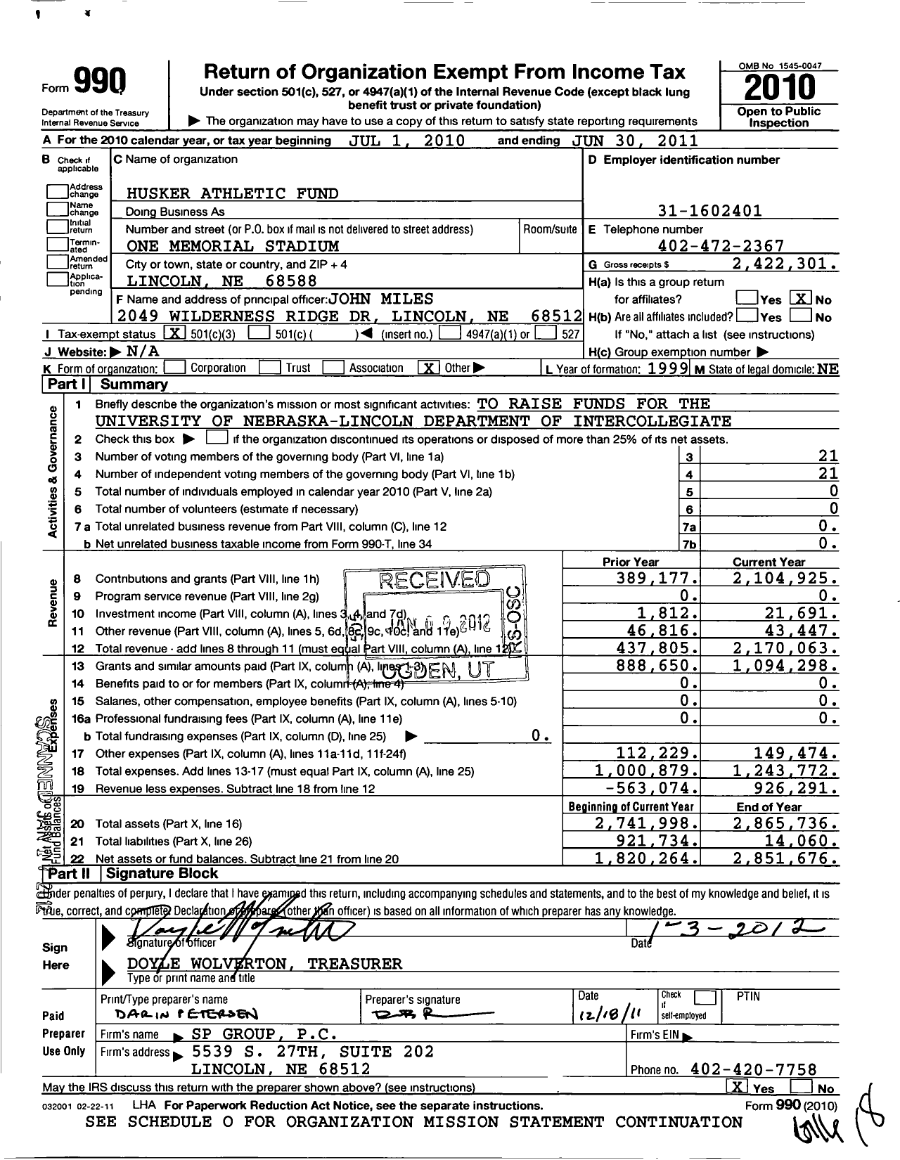 Image of first page of 2010 Form 990 for Husker Athletics Wheel Club