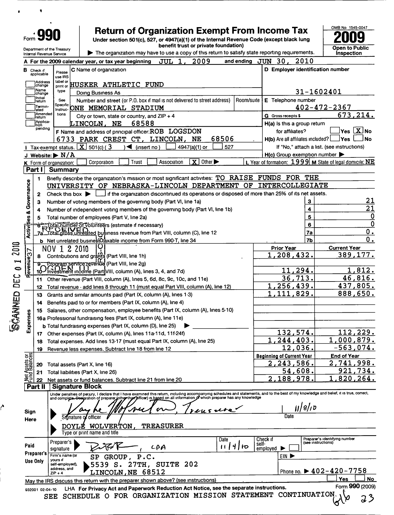 Image of first page of 2009 Form 990 for Husker Athletics Wheel Club