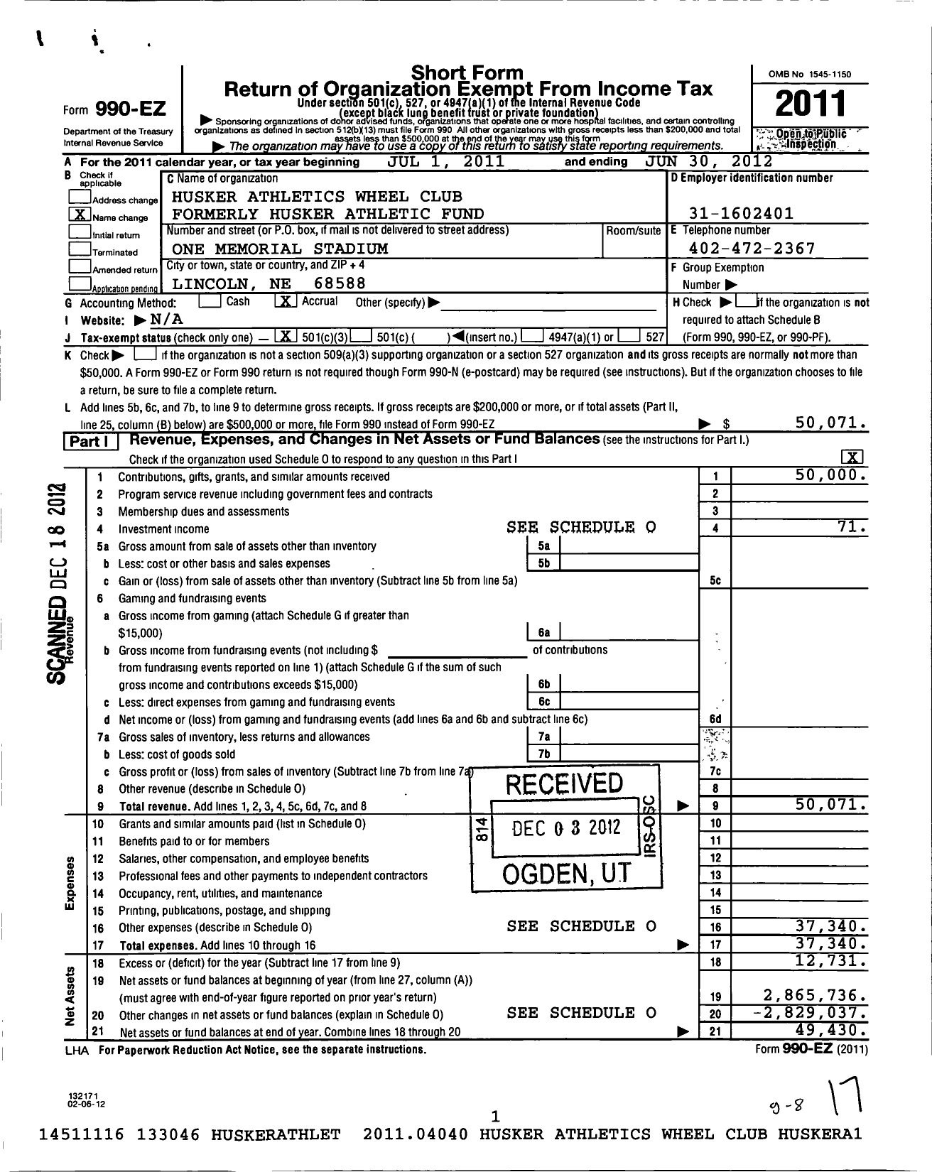 Image of first page of 2011 Form 990EZ for Husker Athletics Wheel Club