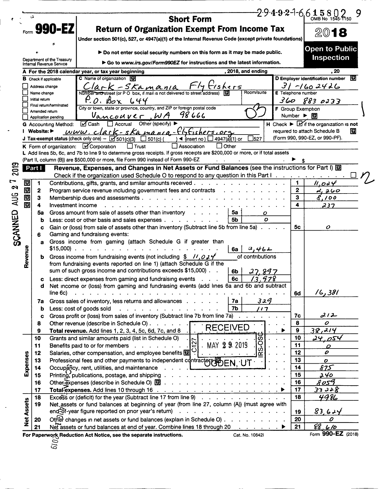 Image of first page of 2018 Form 990EZ for Clark Skamania Flyfishers