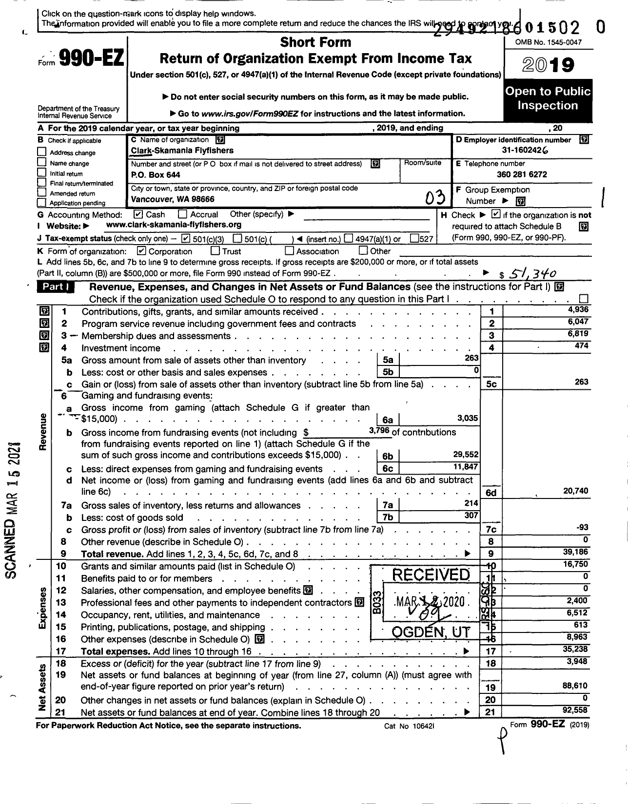 Image of first page of 2019 Form 990EZ for Clark Skamania Flyfishers