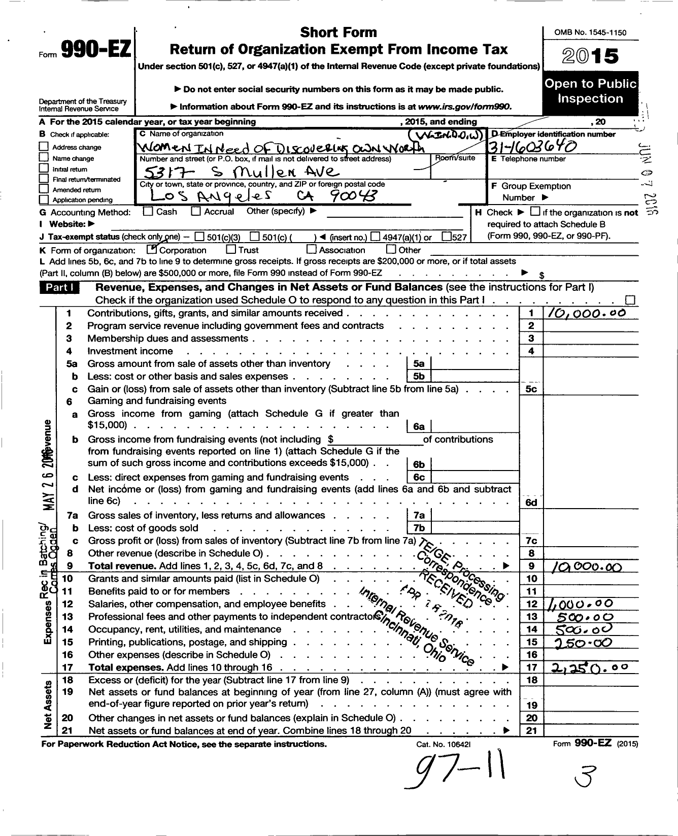 Image of first page of 2015 Form 990EO for Women in Need of Discovering Own Worth - W I N D O W