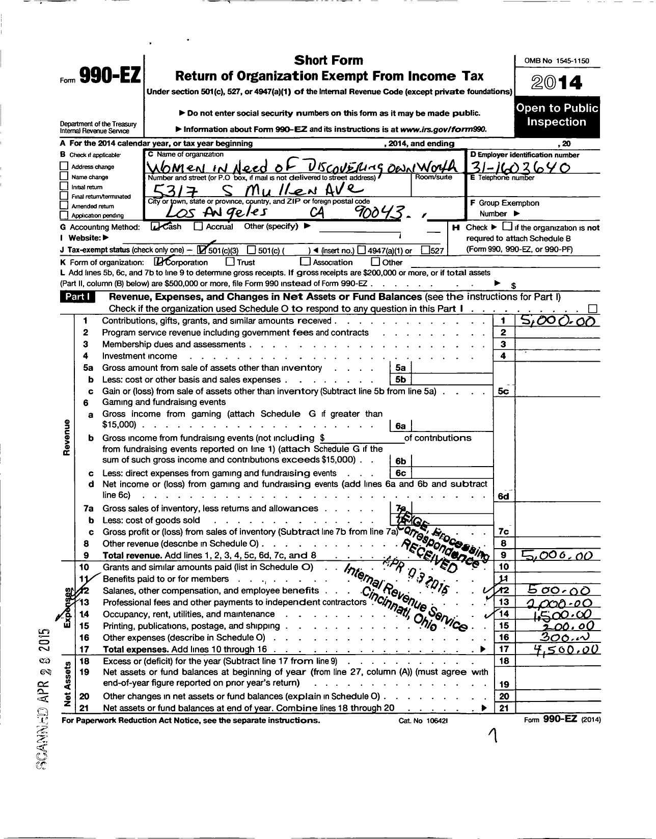 Image of first page of 2014 Form 990EZ for Women in Need of Discovering Own Worth - W I N D O W