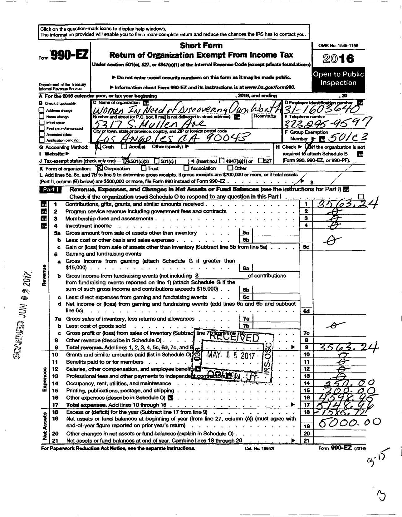 Image of first page of 2016 Form 990EZ for Women in Need of Discovering Own Worth - W I N D O W