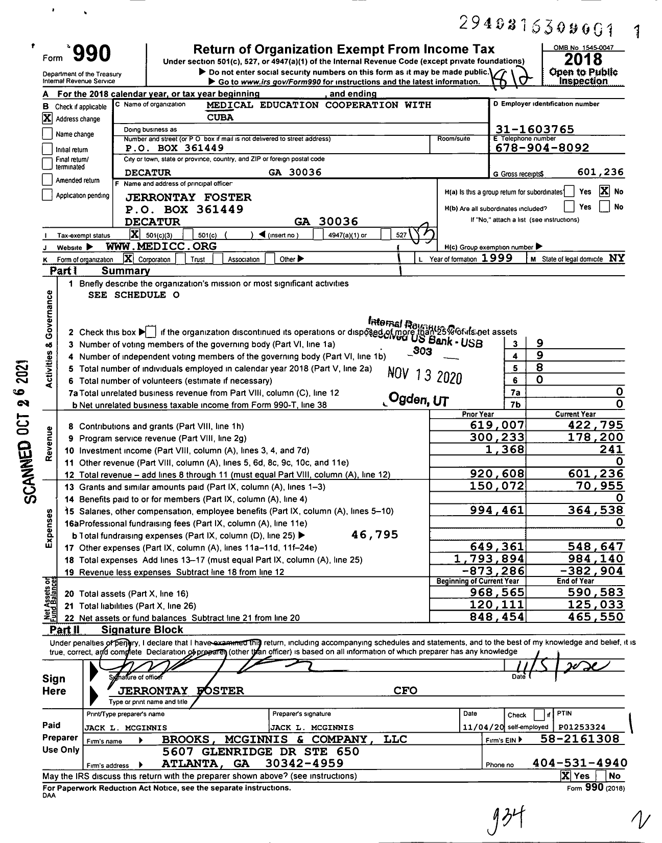 Image of first page of 2018 Form 990 for Medical Education Cooperation With Cuba (MEDICC)