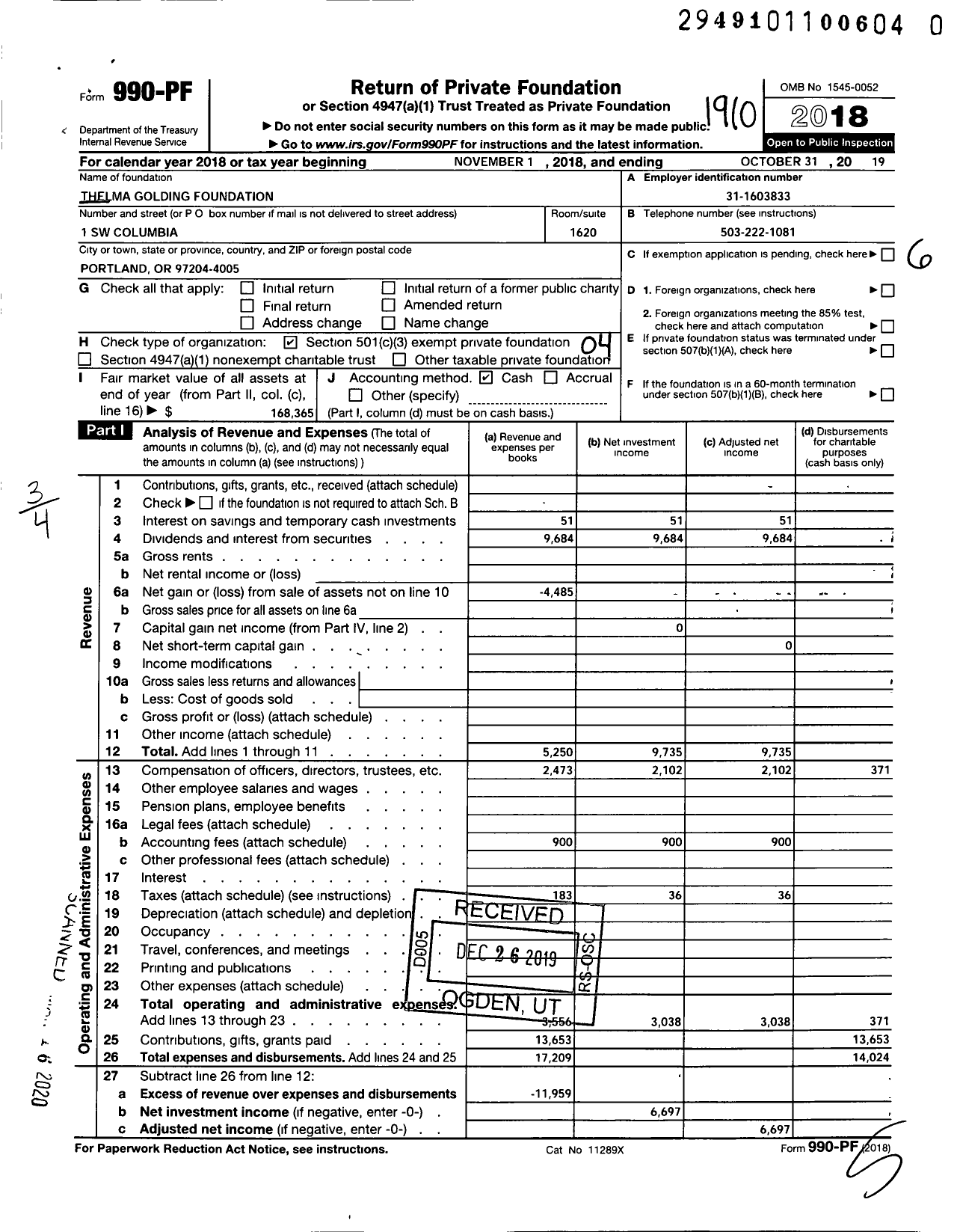 Image of first page of 2018 Form 990PR for Thelma Golding Foundation