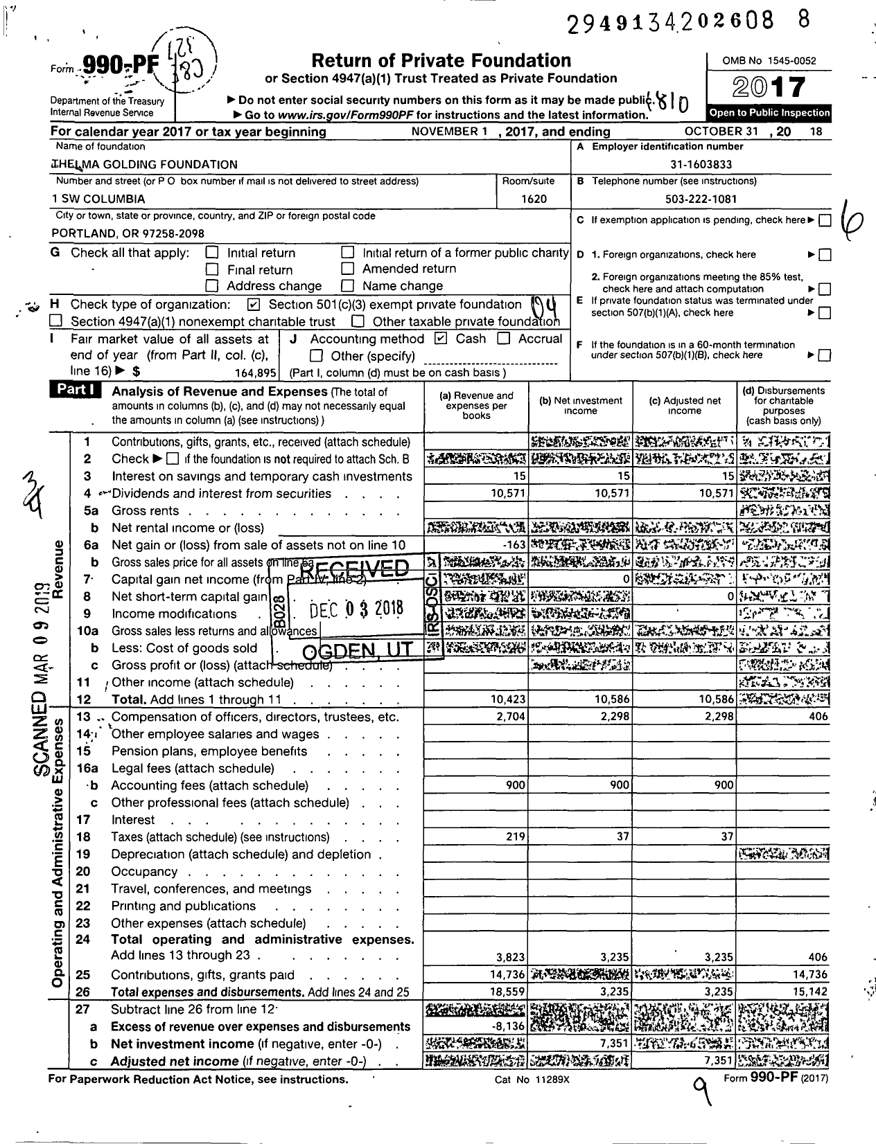 Image of first page of 2017 Form 990PF for Thelma Golding Foundation