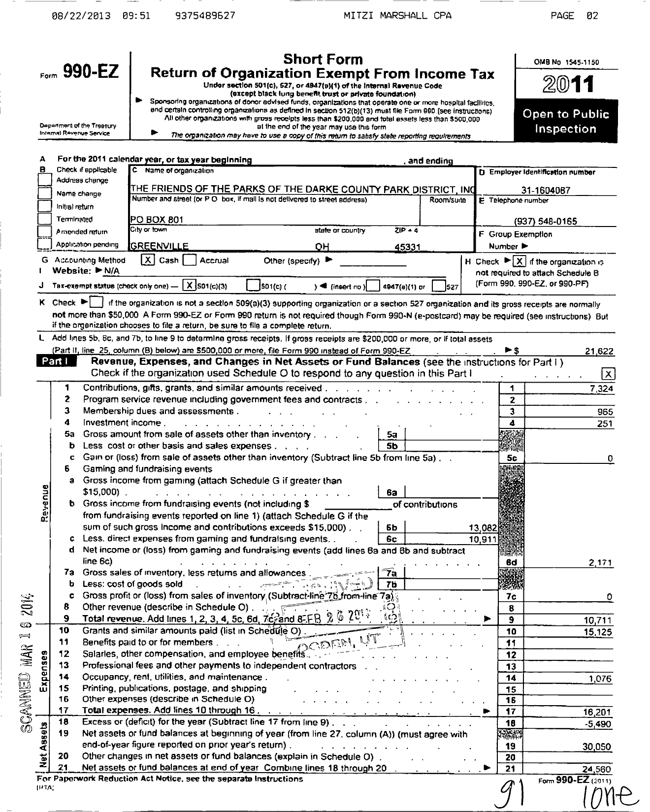 Image of first page of 2011 Form 990EZ for The Friends of the Parks of the Darke County Park District