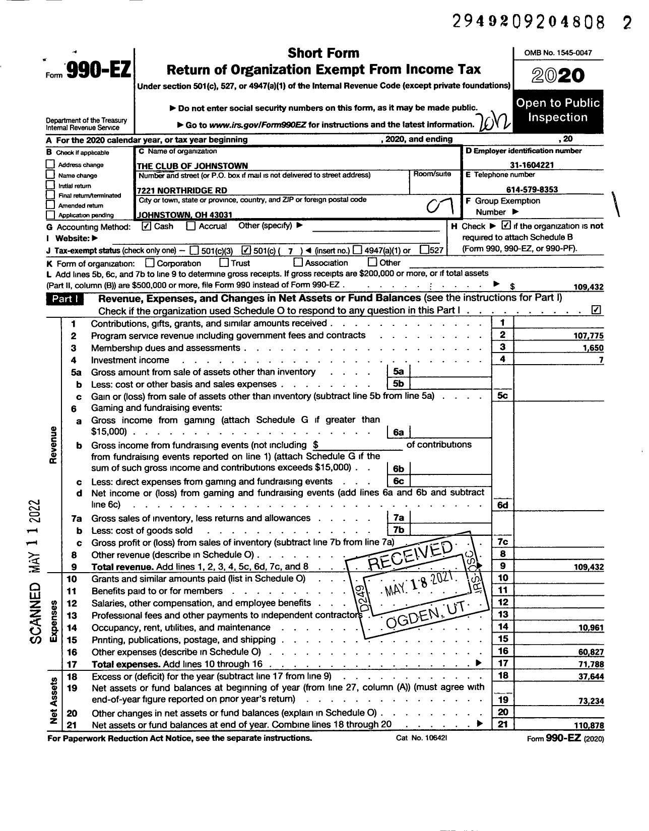 Image of first page of 2020 Form 990EO for The Club of Johnstown