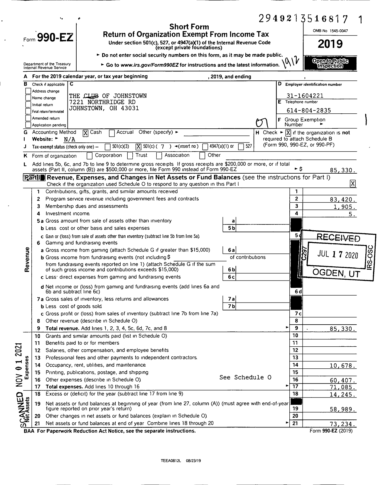 Image of first page of 2019 Form 990EO for The Club of Johnstown