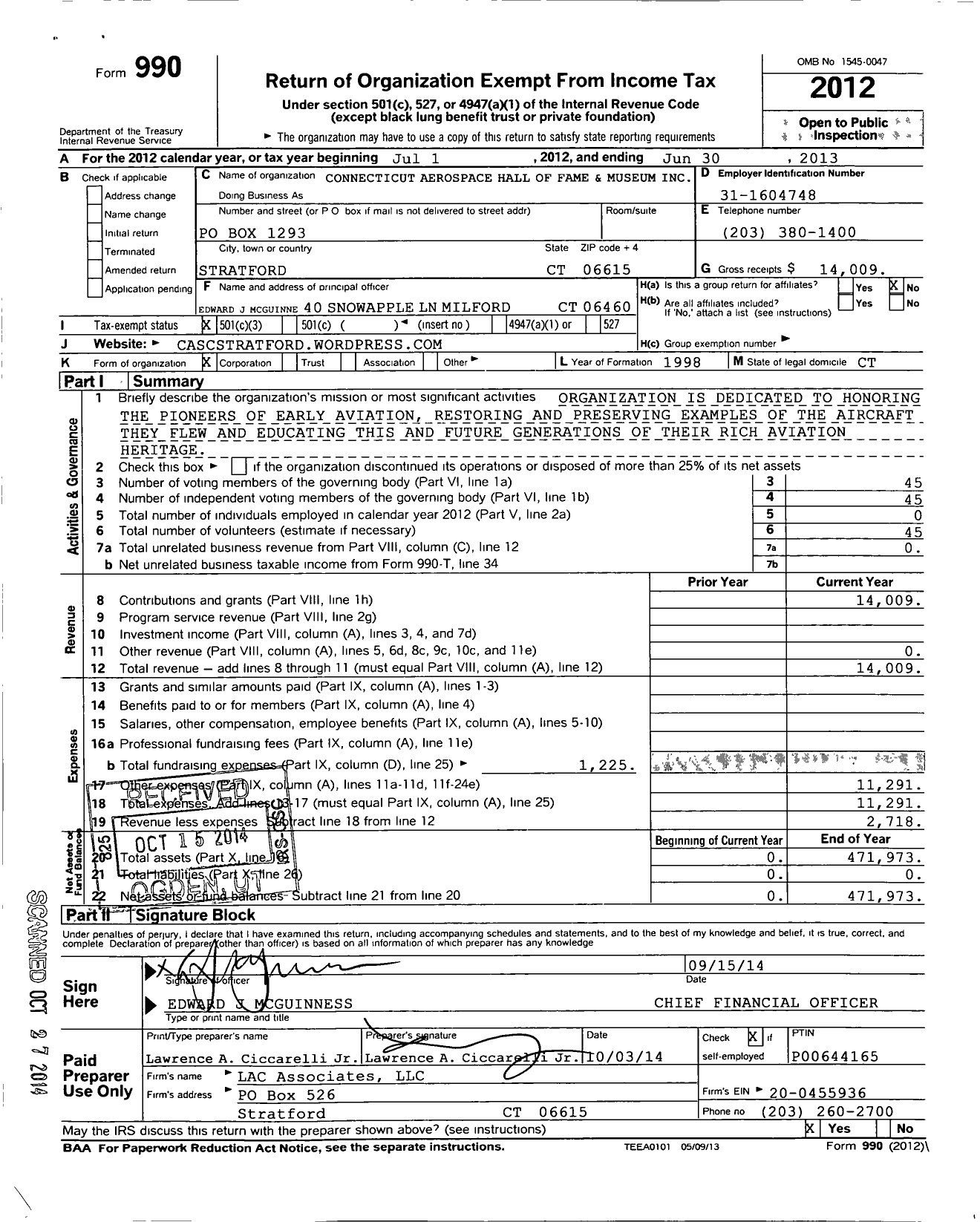 Image of first page of 2012 Form 990 for Connecticut Aerospace Hall of Fame and Museum