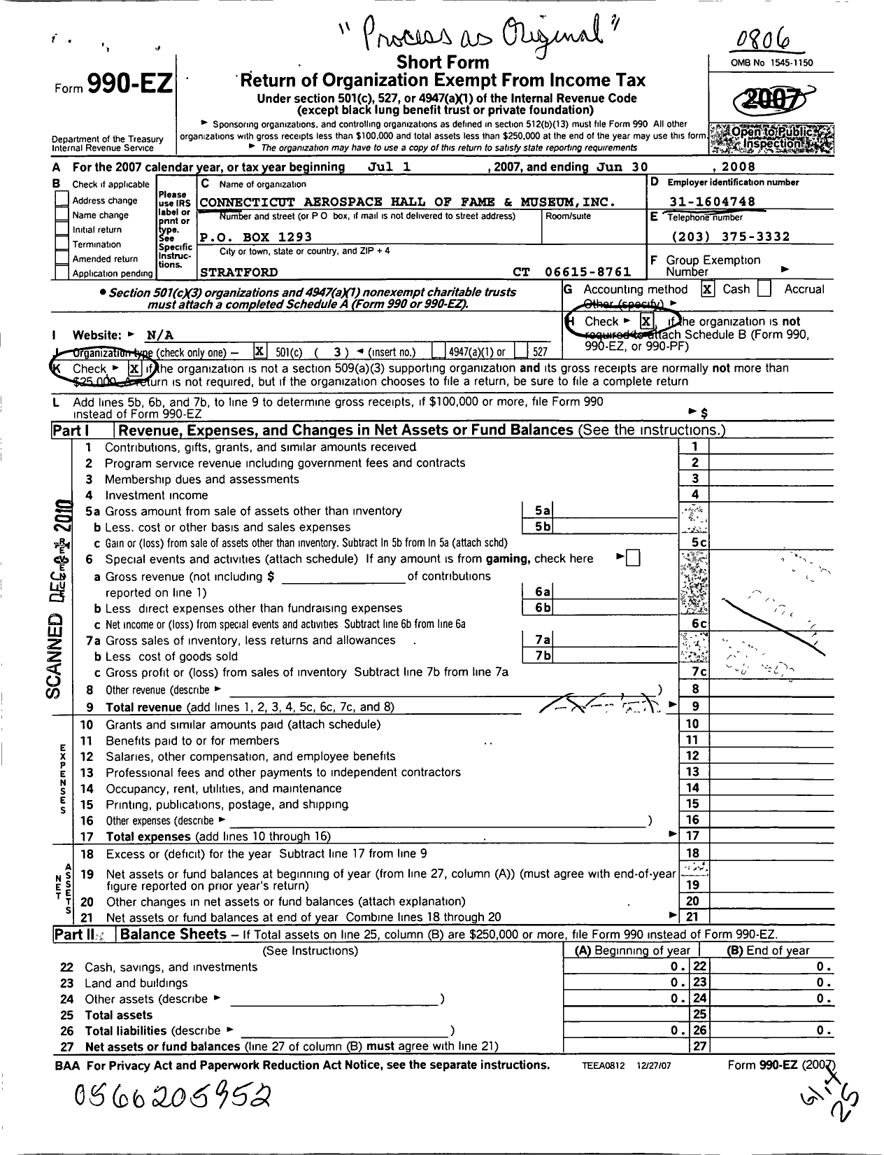 Image of first page of 2007 Form 990EZ for Connecticut Aerospace Hall of Fame and Museum