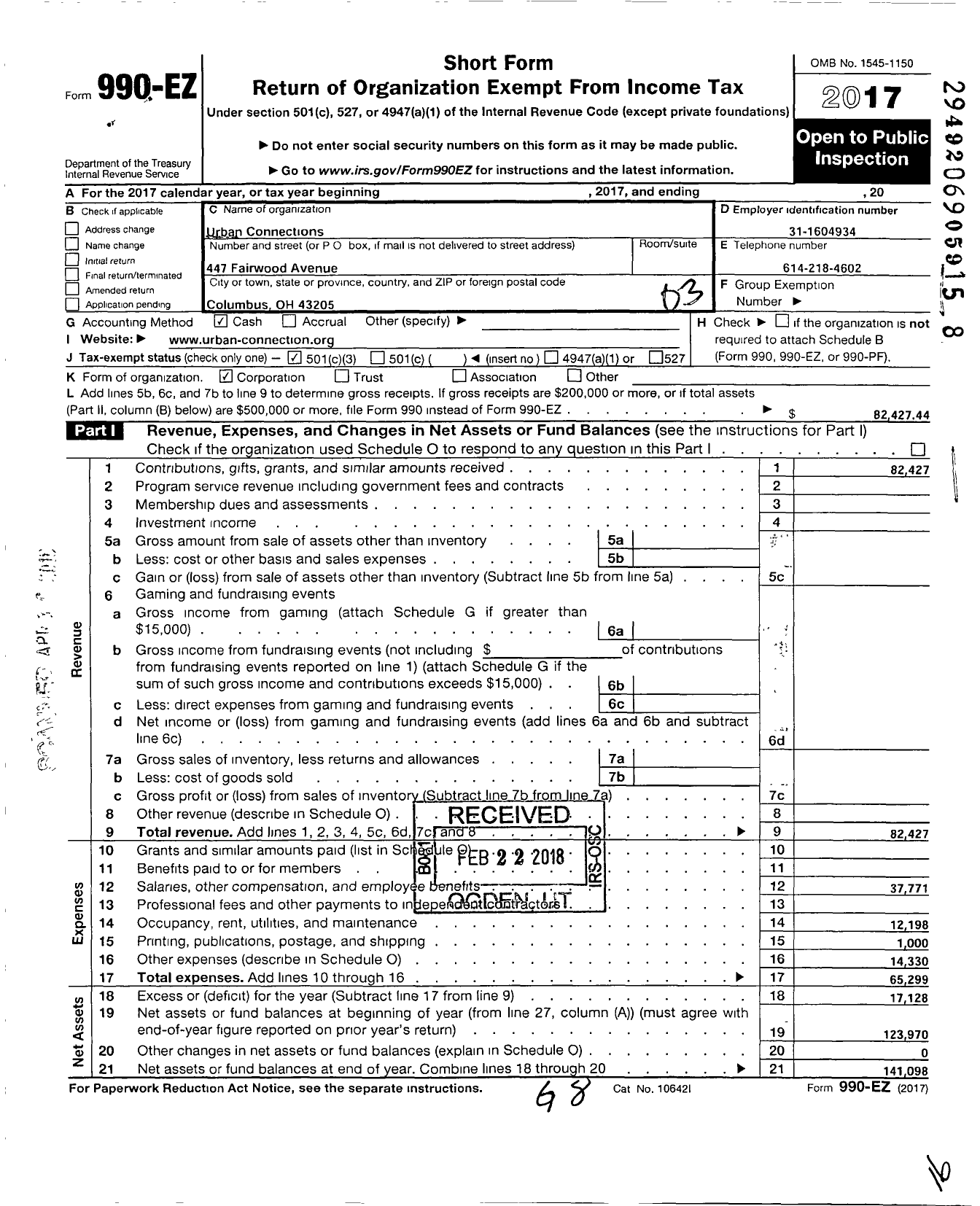 Image of first page of 2017 Form 990EZ for Urban Connections