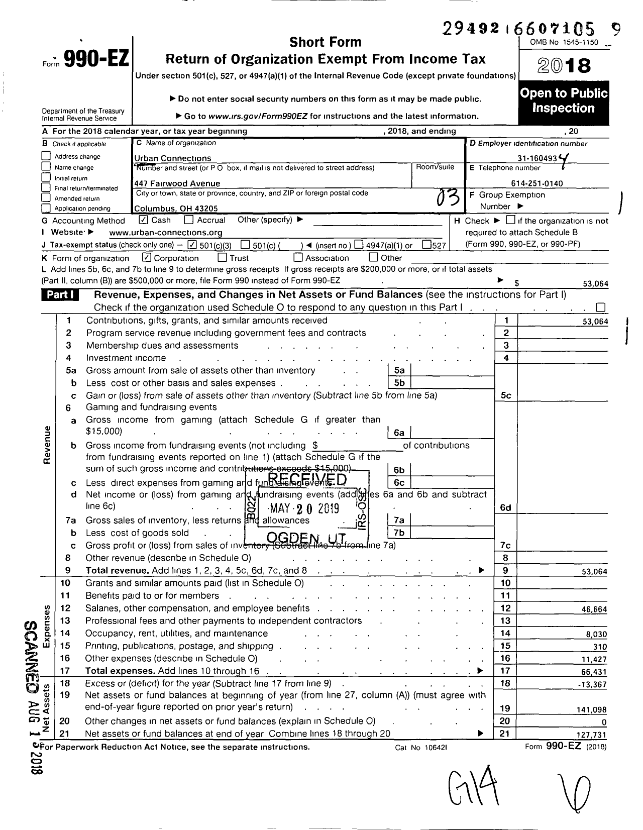 Image of first page of 2018 Form 990EZ for Urban Connections