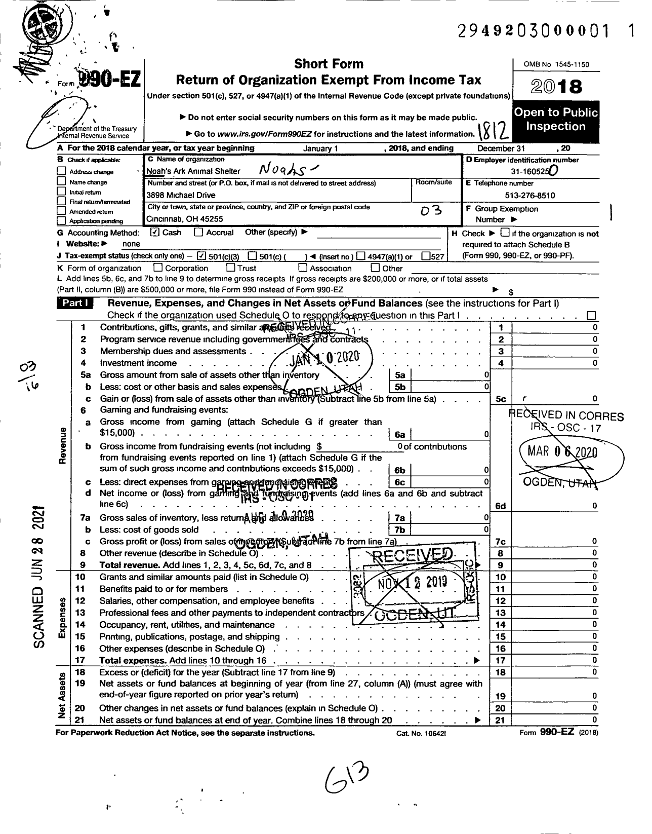 Image of first page of 2018 Form 990EZ for Noahs Ark Animal Shelter