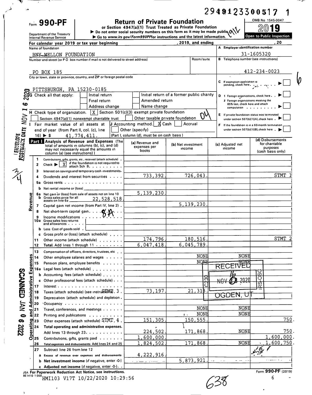 Image of first page of 2019 Form 990PF for Bny Mellon Foundation