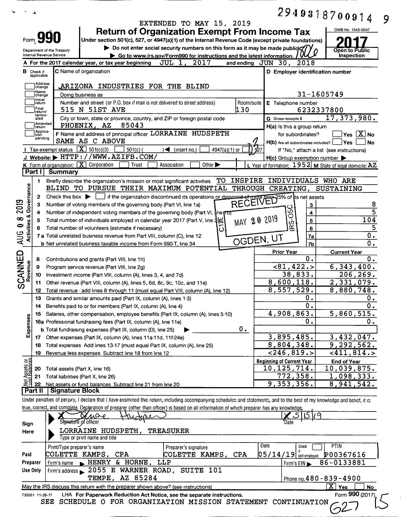 Image of first page of 2017 Form 990 for Arizona Industries for the Blind (AIB)