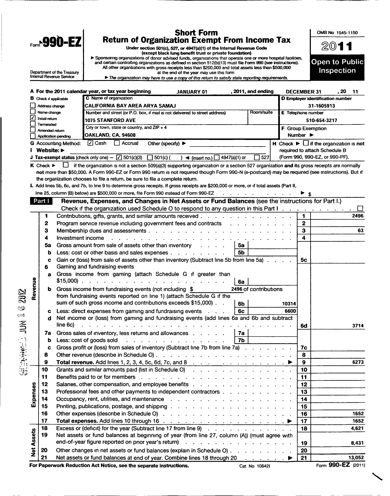 Image of first page of 2011 Form 990EZ for California Bay Area Arya Samaj