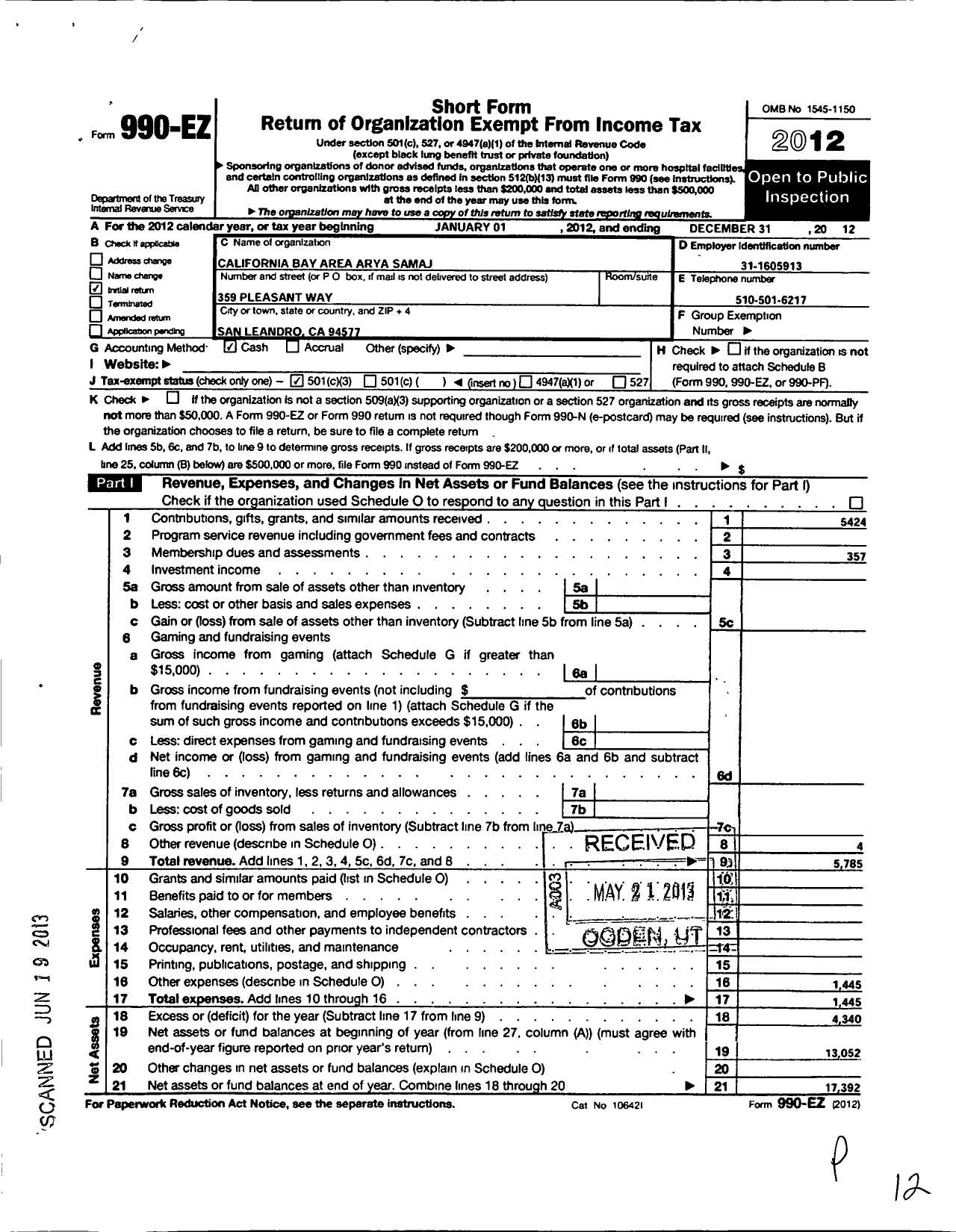 Image of first page of 2012 Form 990EZ for California Bay Area Arya Samaj