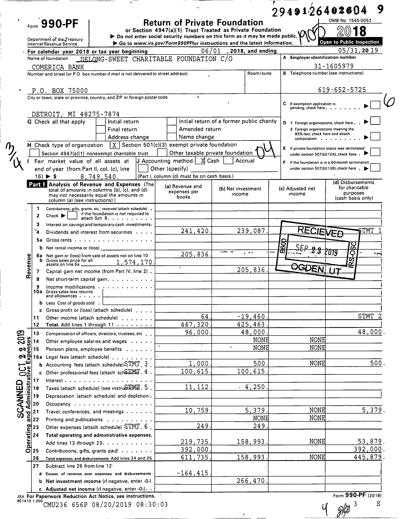 Image of first page of 2018 Form 990PF for Delong-Sweet Charitable Foundation