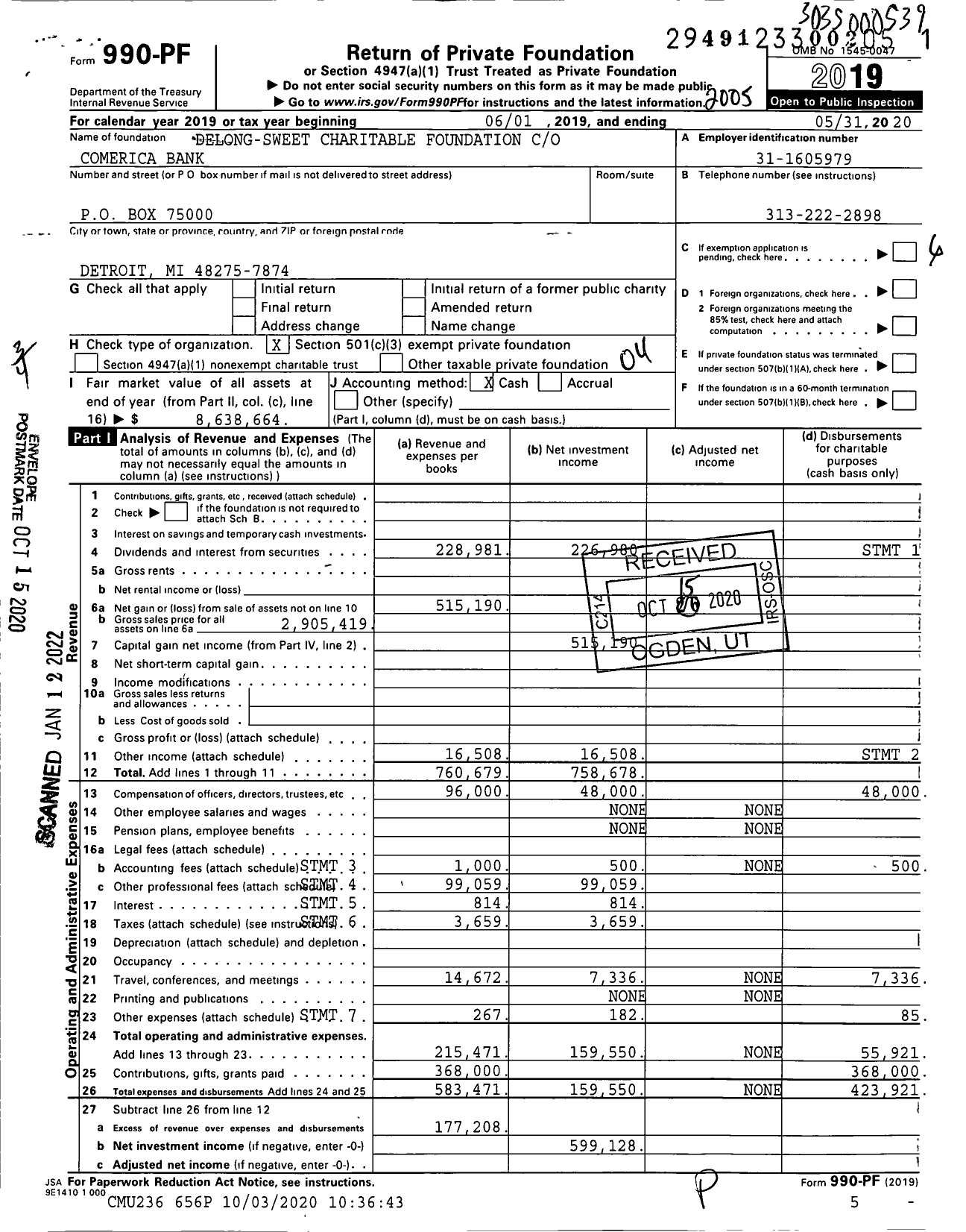 Image of first page of 2019 Form 990PF for Delong-Sweet Charitable Foundation