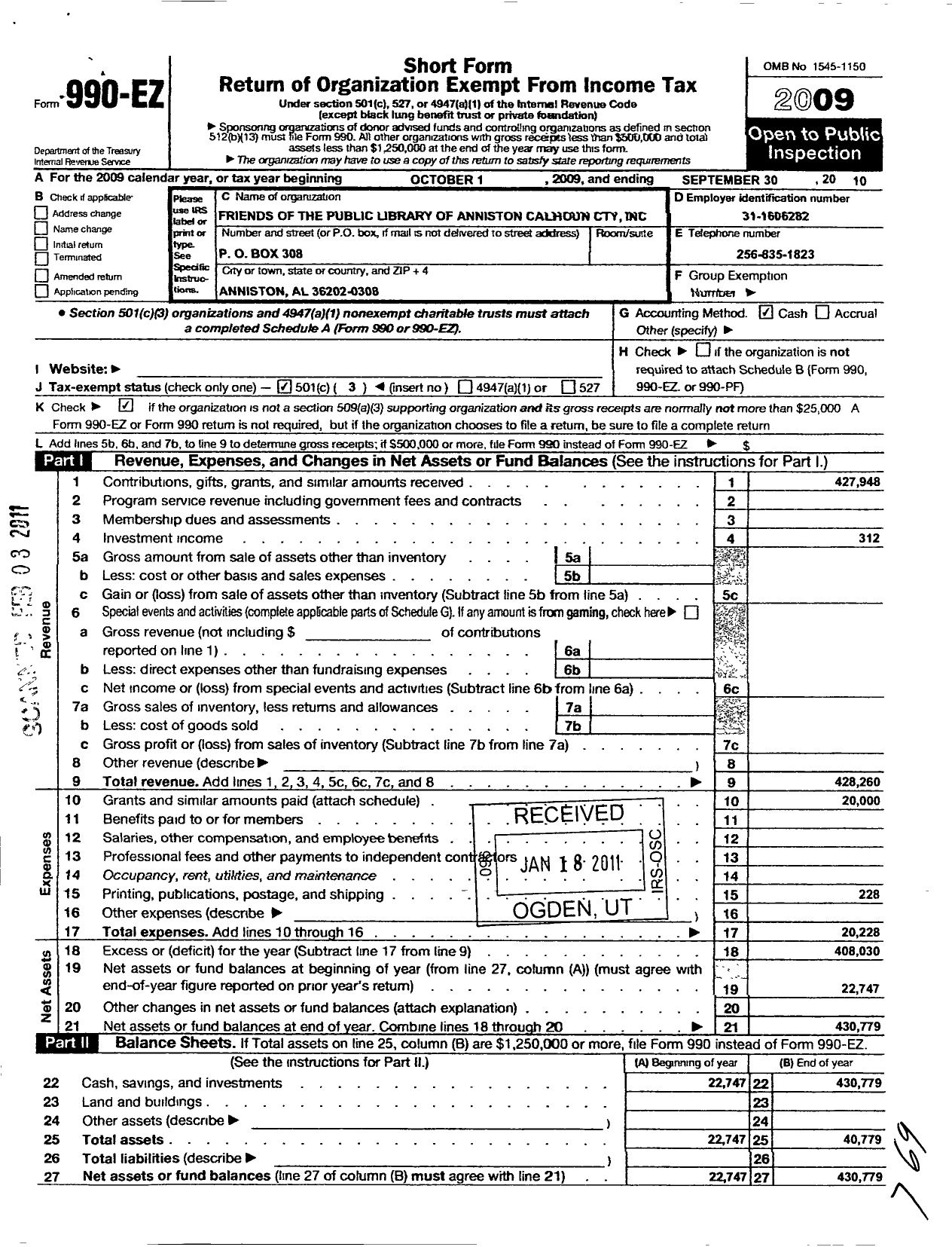 Image of first page of 2009 Form 990EZ for Friends of the Public Library of Anniston - Calhoun County