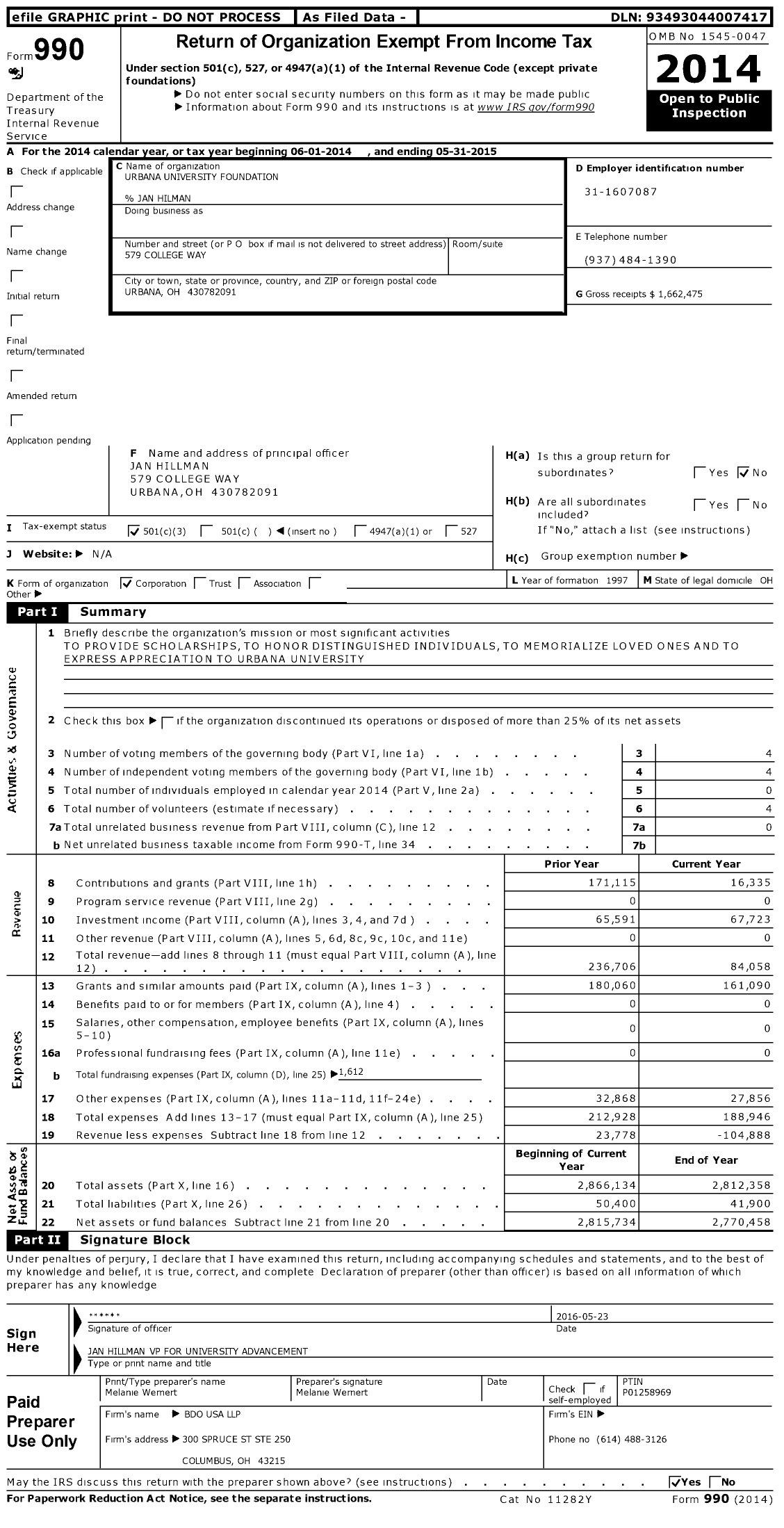 Image of first page of 2014 Form 990 for Urbana University Foundation