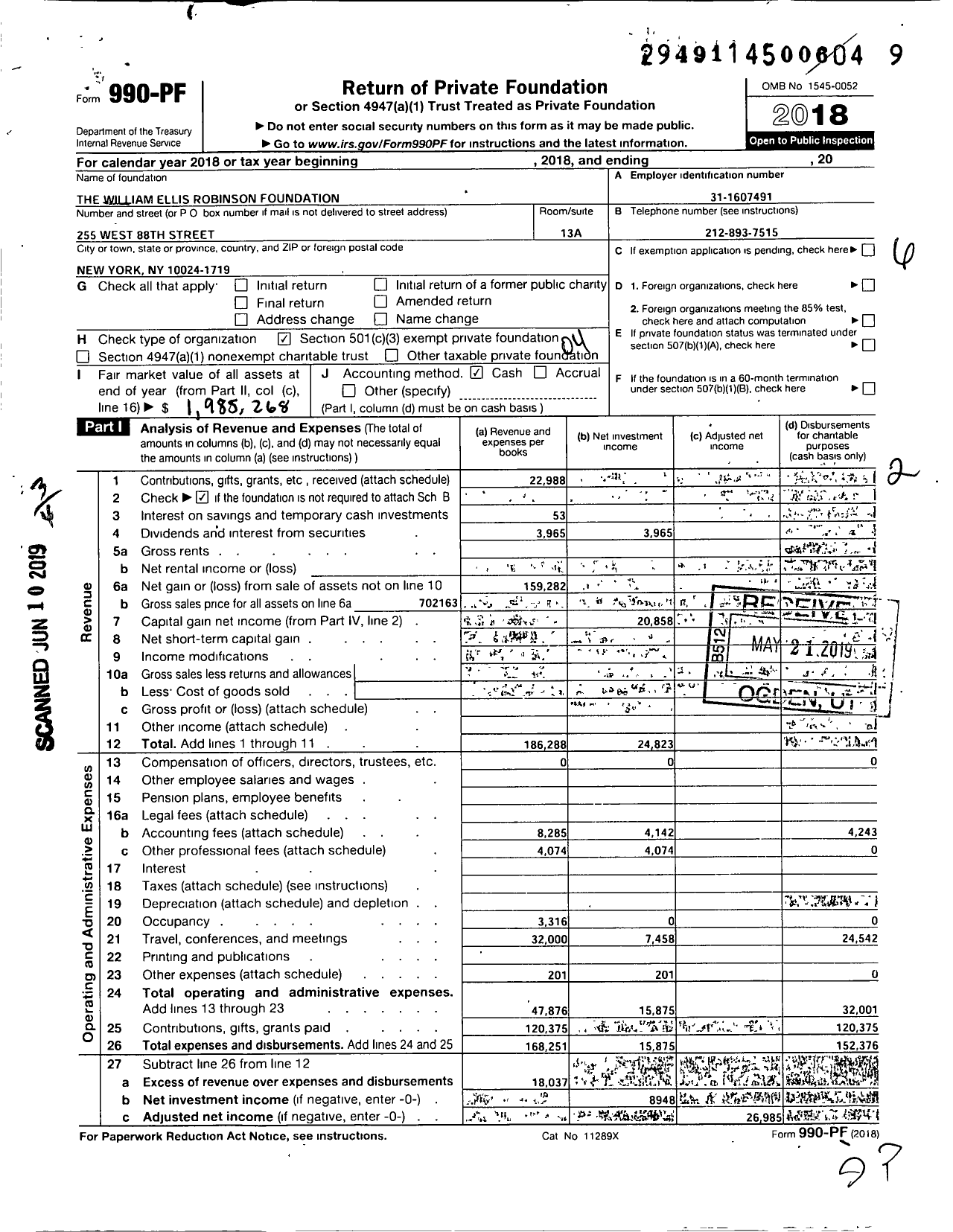 Image of first page of 2018 Form 990PF for The William Ellis Robinson Foundation