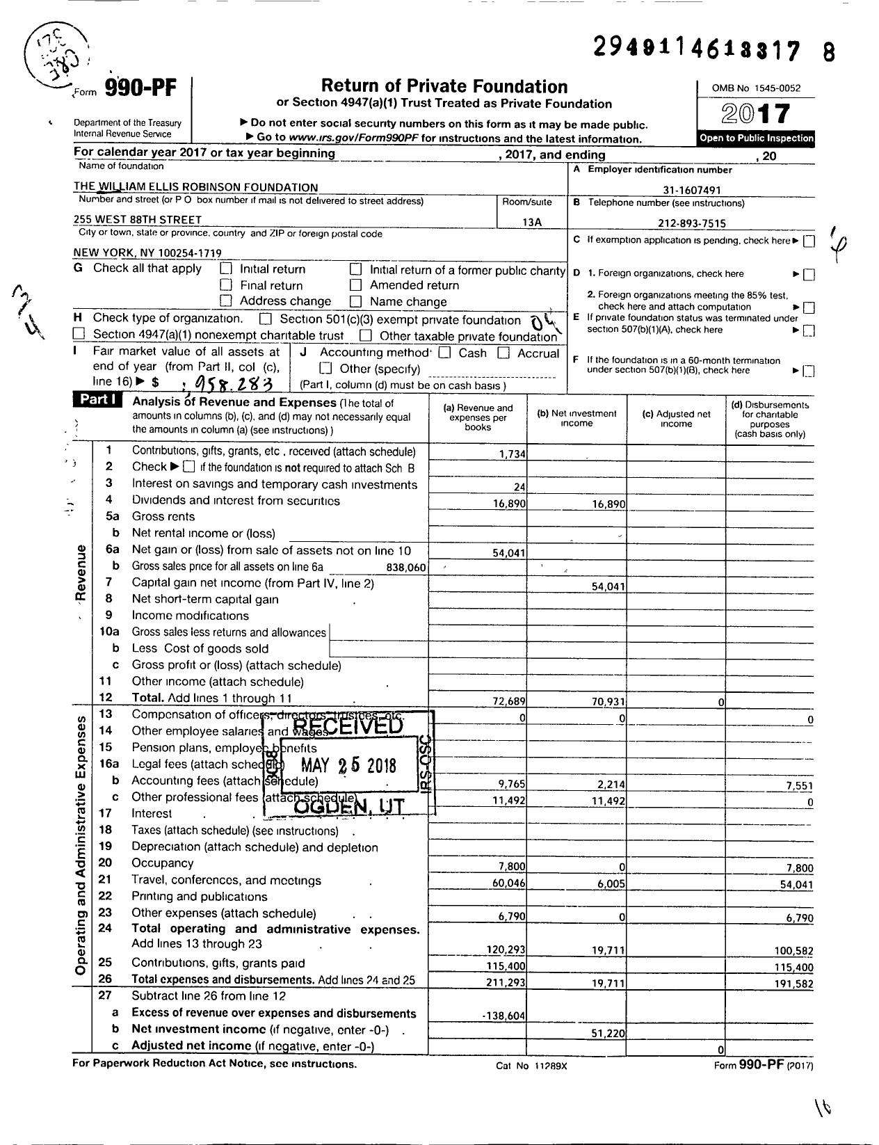 Image of first page of 2017 Form 990PF for The William Ellis Robinson Foundation