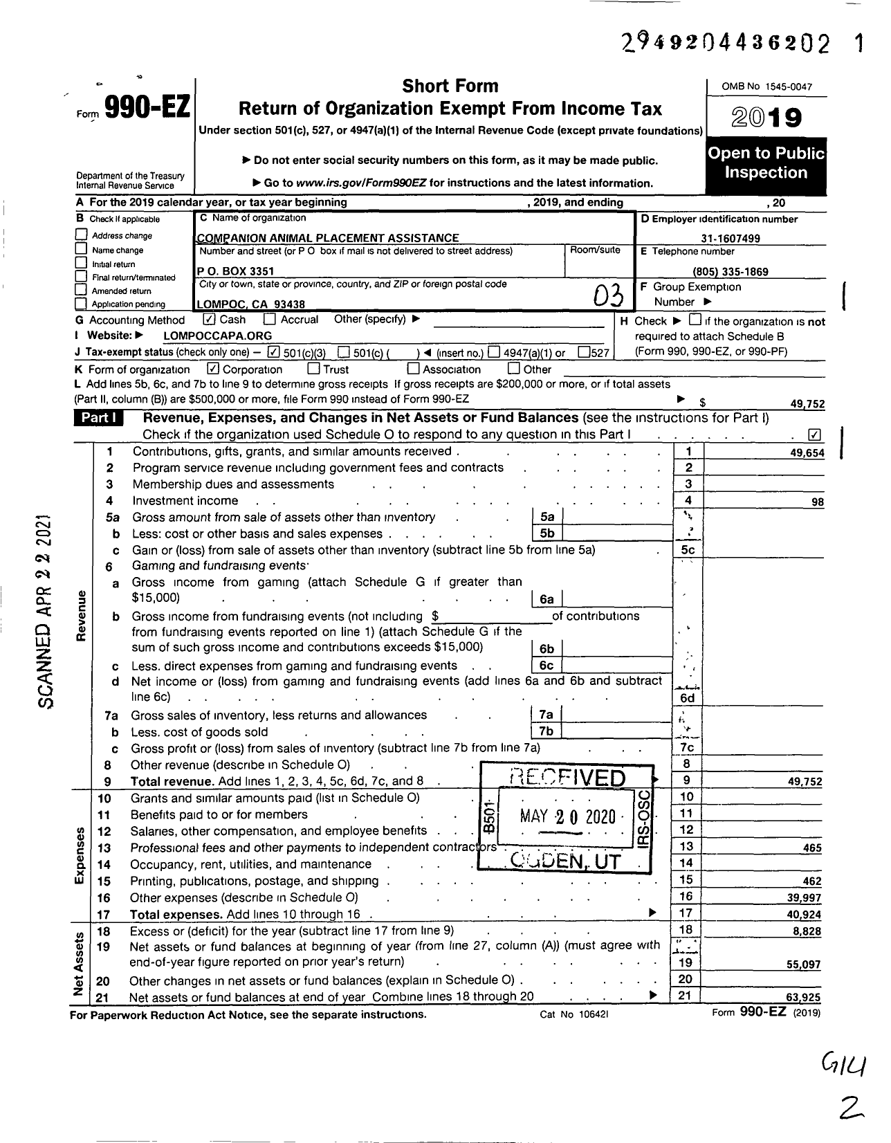 Image of first page of 2019 Form 990EZ for Companion Animal Placement Assistance