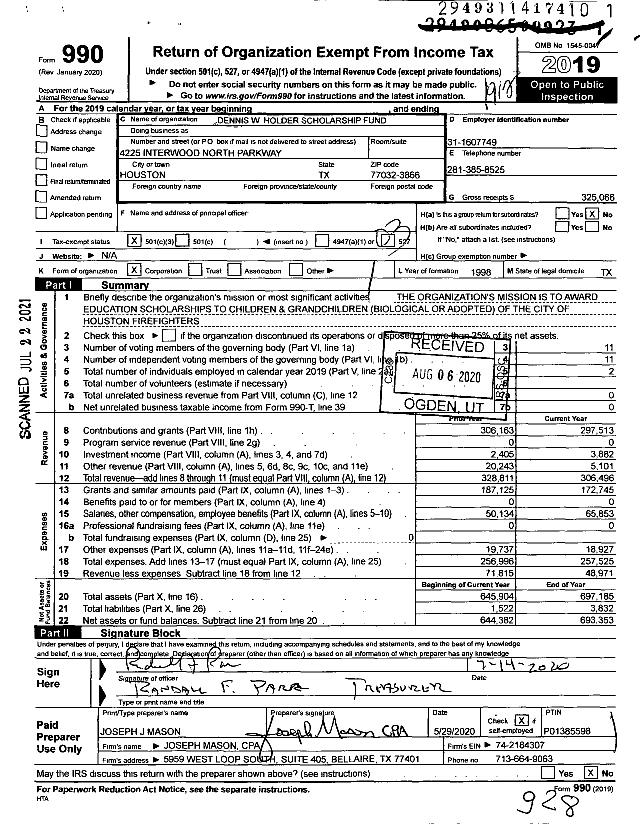 Image of first page of 2019 Form 990 for Dennis W Holder Scholarship Fund