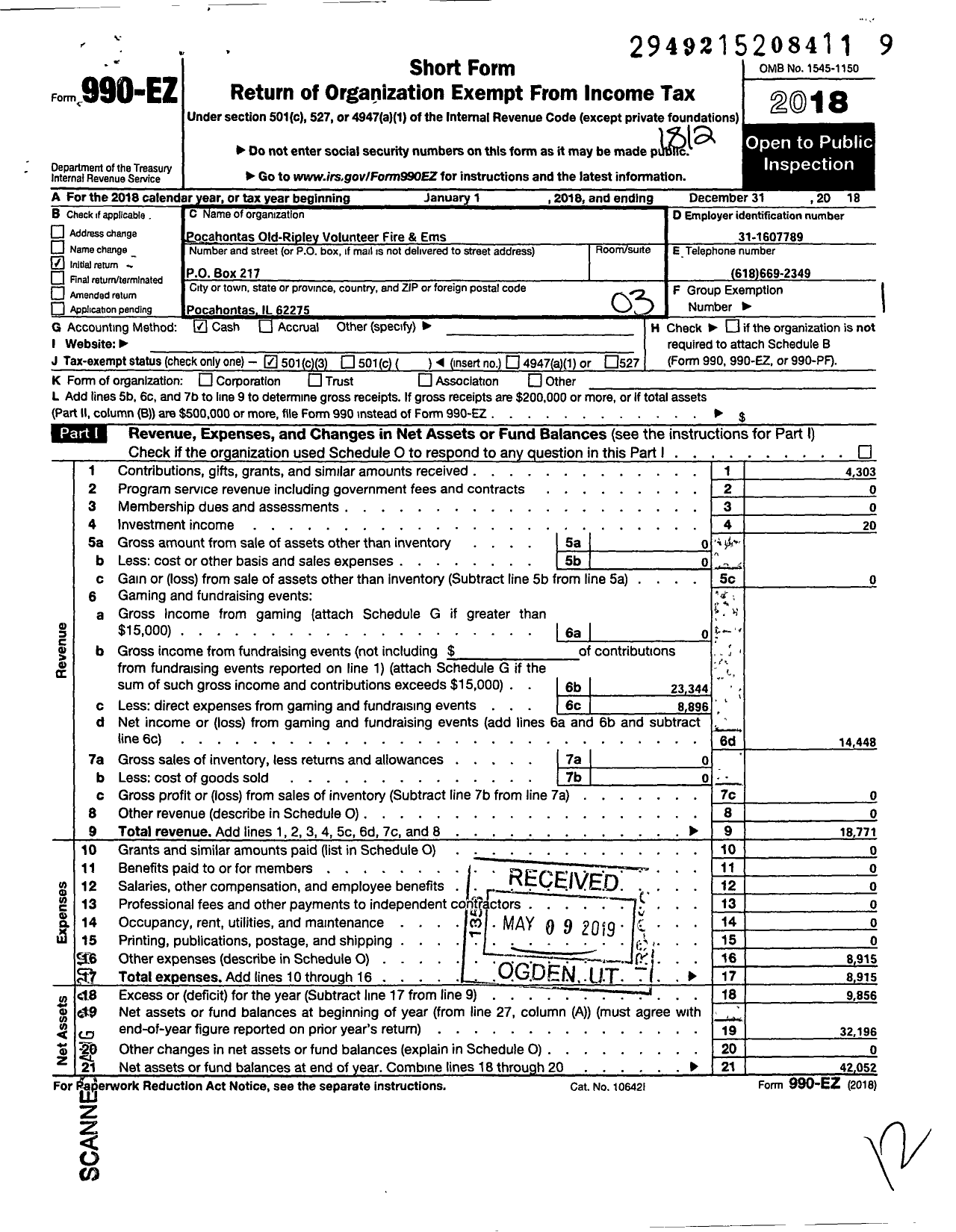Image of first page of 2018 Form 990EZ for Pocahontas Old-Ripley Volunteer Fire and Ems