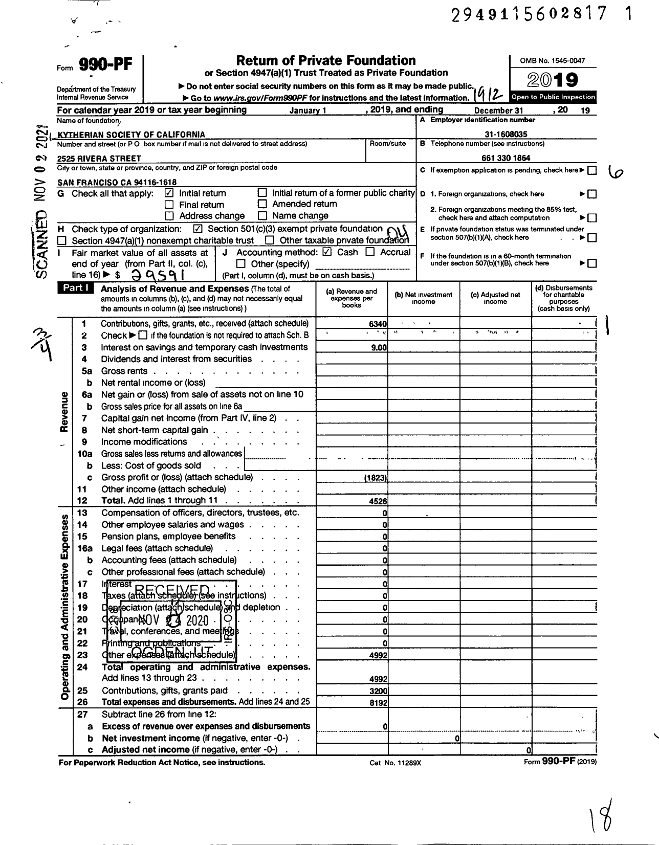 Image of first page of 2019 Form 990PF for Kytherian Society General Koronaios