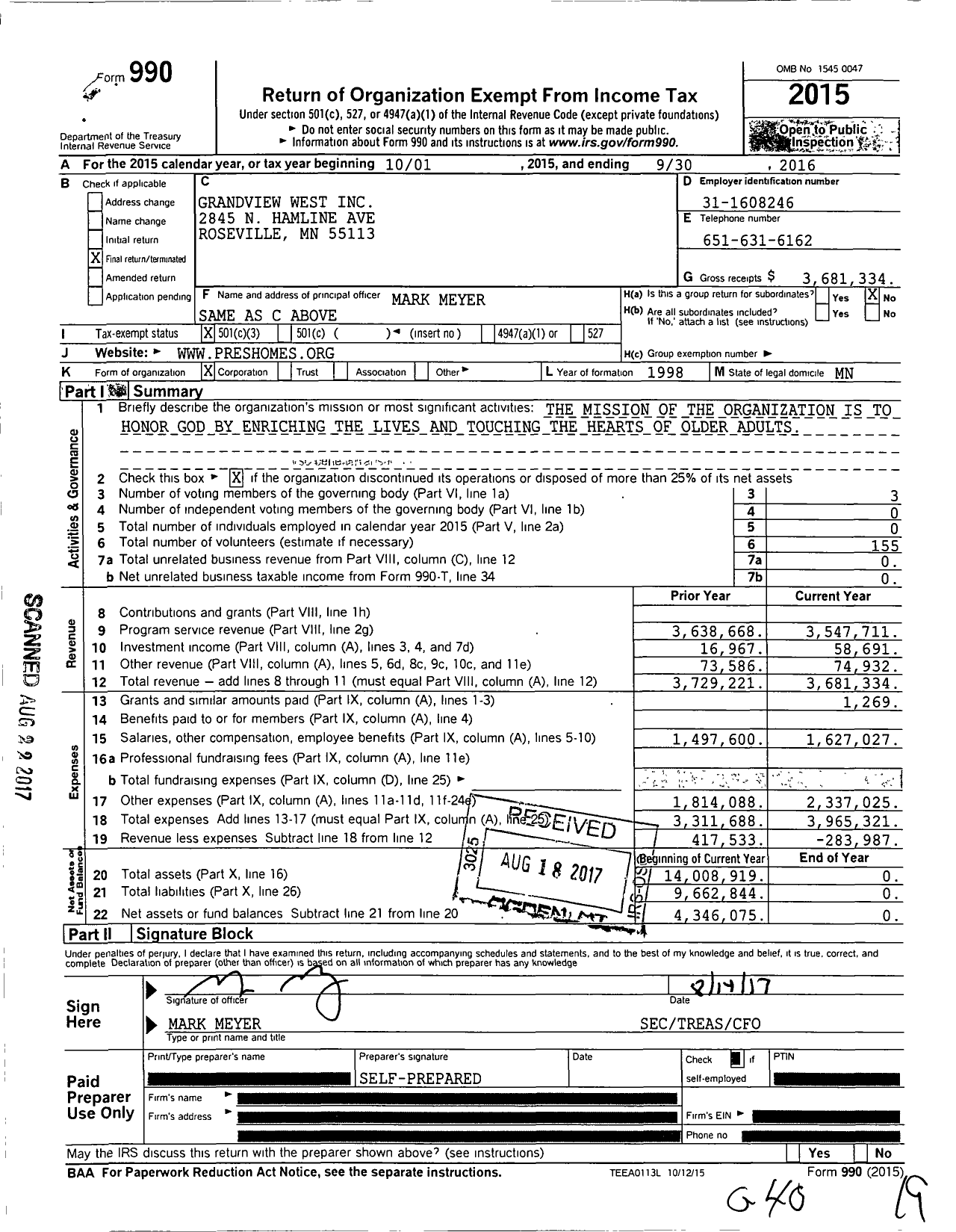 Image of first page of 2015 Form 990 for Grandview West