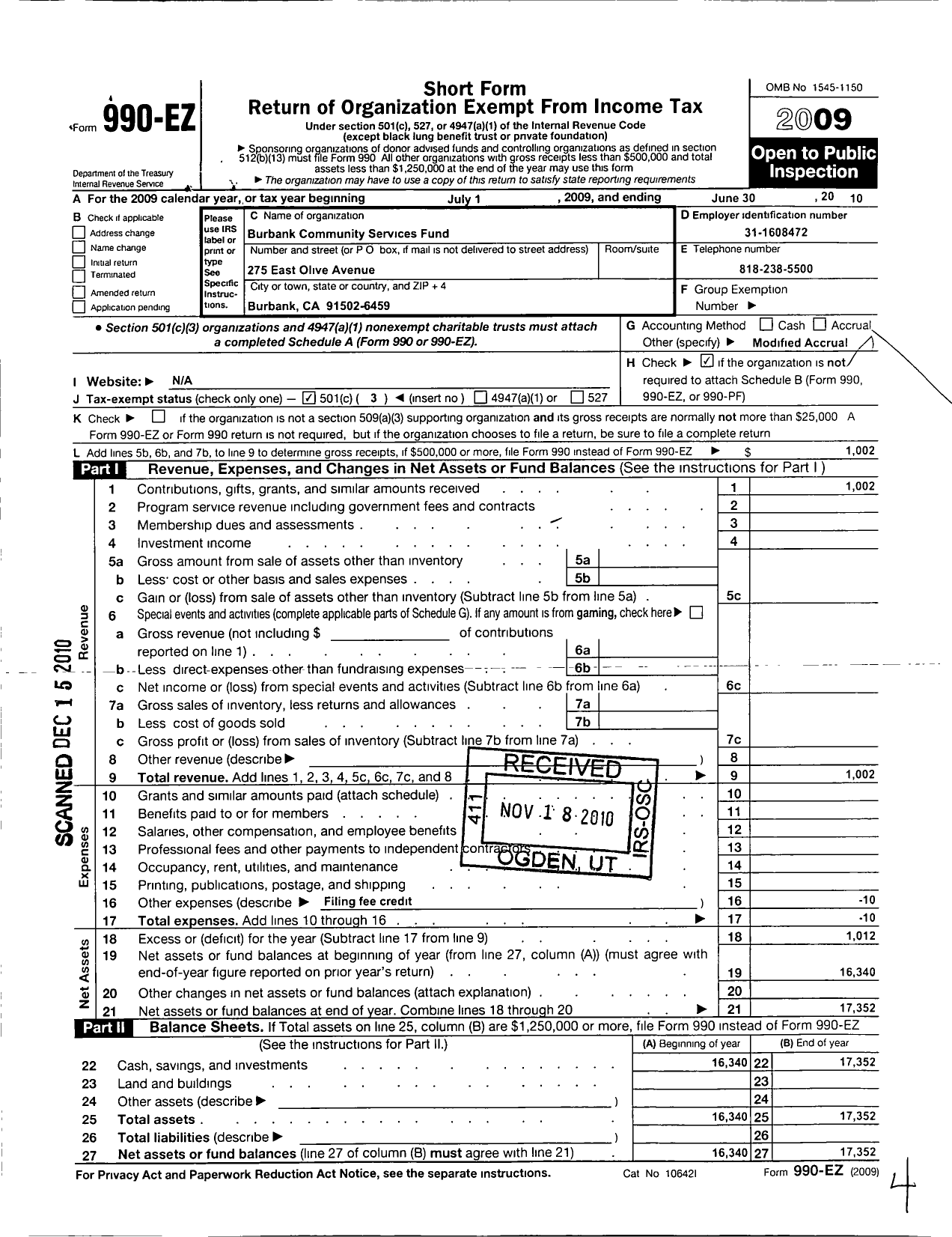 Image of first page of 2009 Form 990EZ for Burbank Community Services Fund