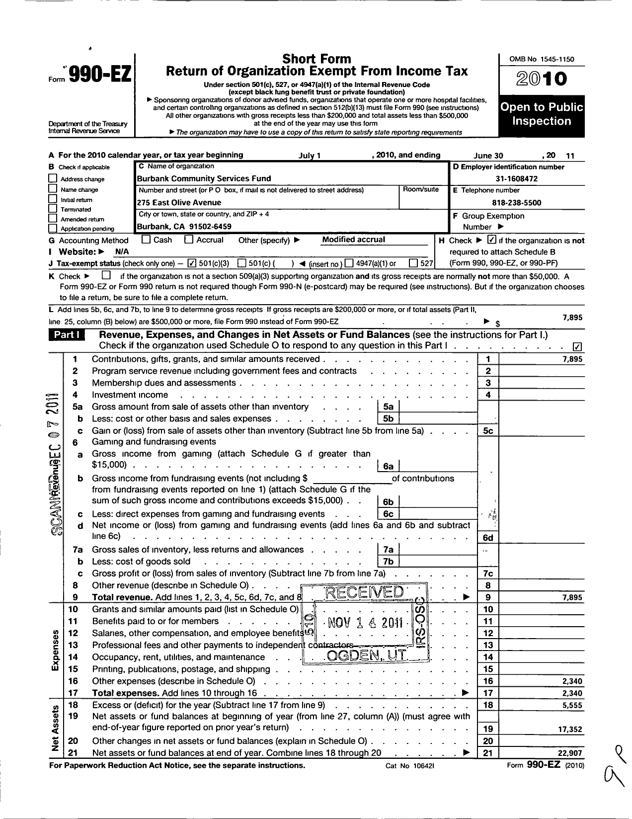 Image of first page of 2010 Form 990EZ for Burbank Community Services Fund