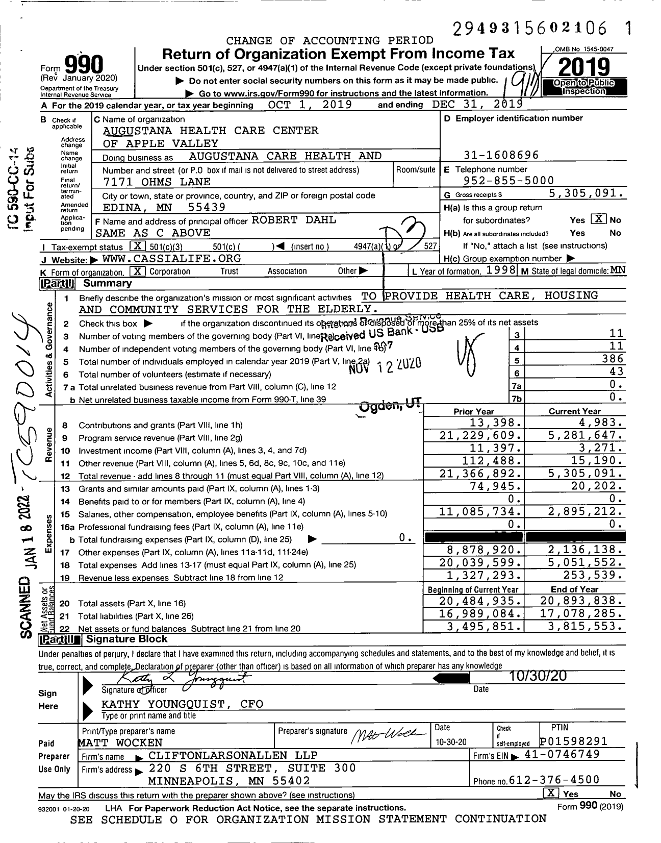 Image of first page of 2019 Form 990 for Augustana Health Care Center of Apple Valley