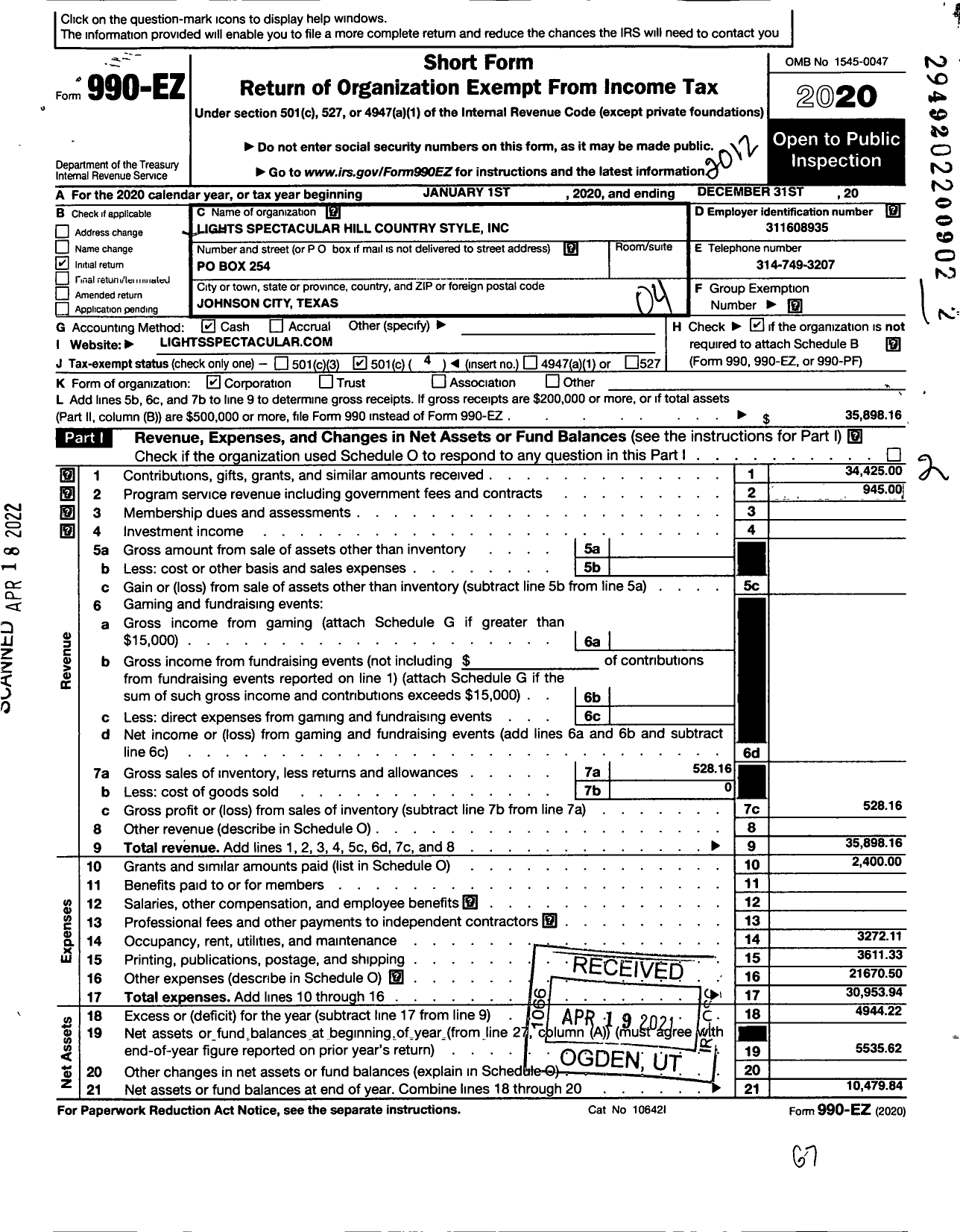 Image of first page of 2020 Form 990EO for Lights Spectacular Hill Country Style