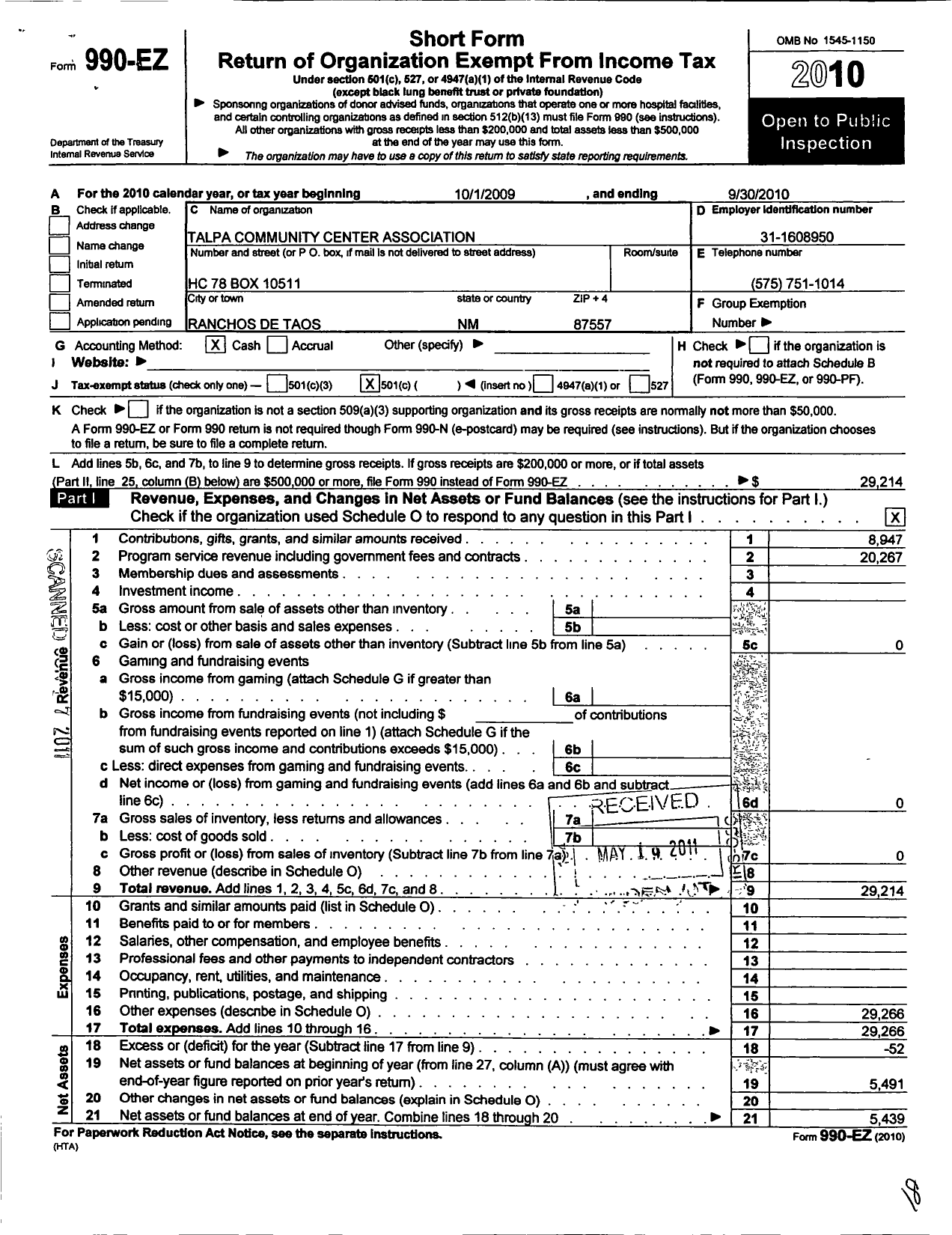Image of first page of 2009 Form 990EO for Talpa Community Center Association