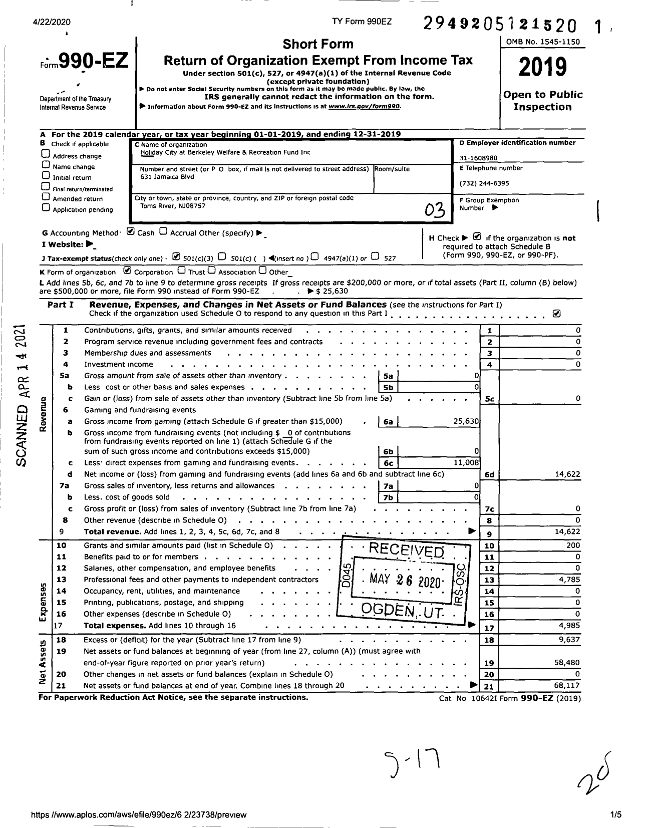 Image of first page of 2019 Form 990EZ for Holiday City Berkeley Welfare and Recreation Fund