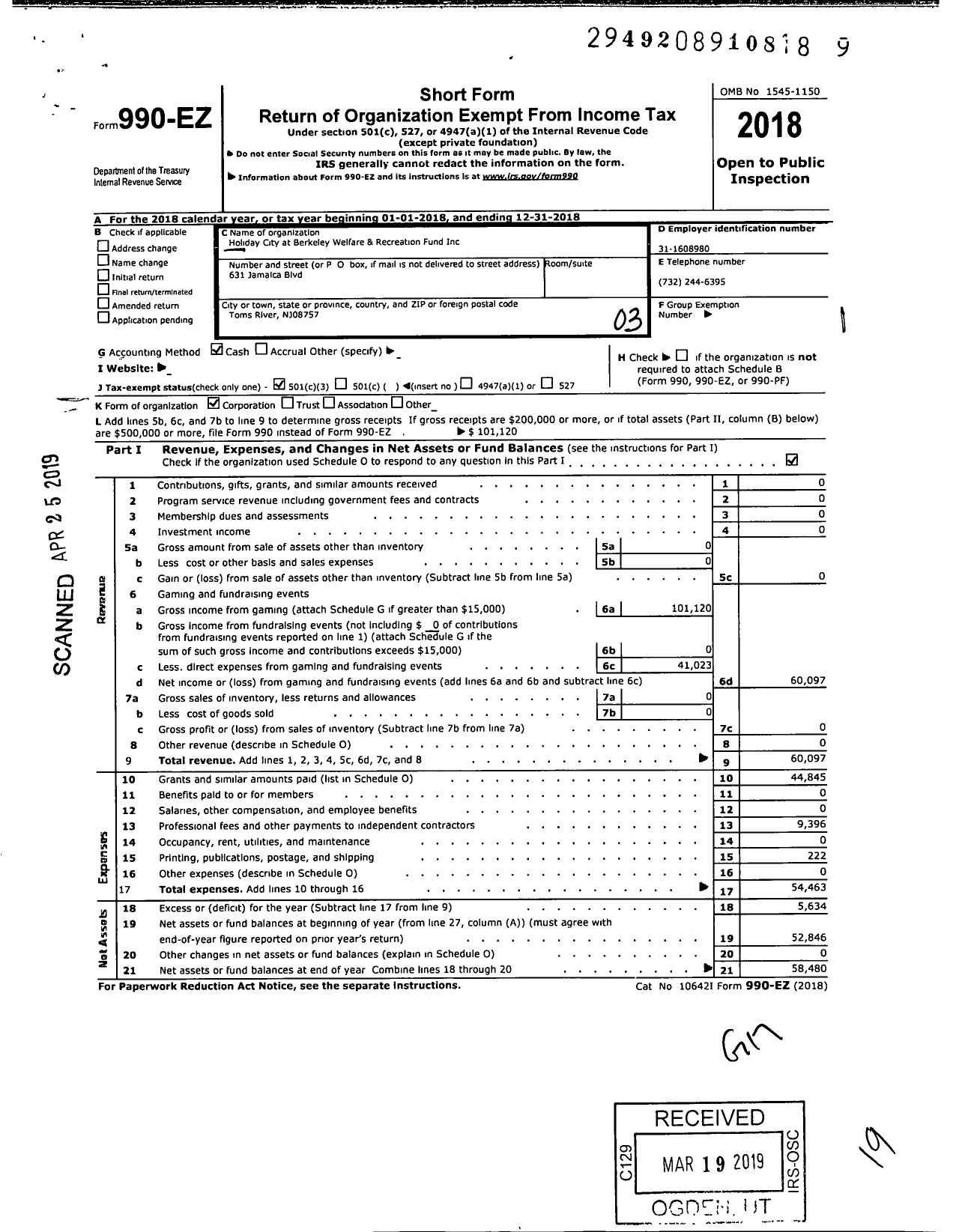 Image of first page of 2018 Form 990EZ for Holiday City Berkeley Welfare and Recreation Fund