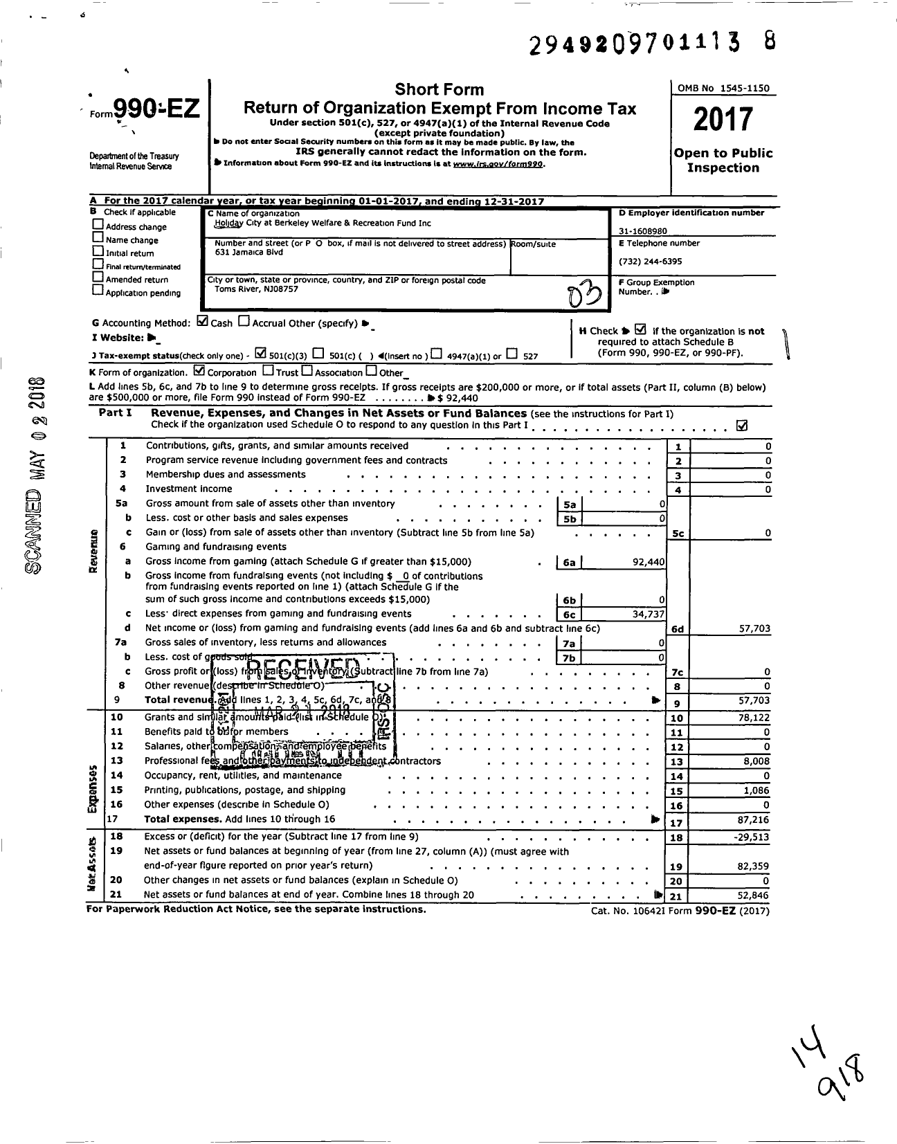 Image of first page of 2017 Form 990EZ for Holiday City Berkeley Welfare and Recreation Fund