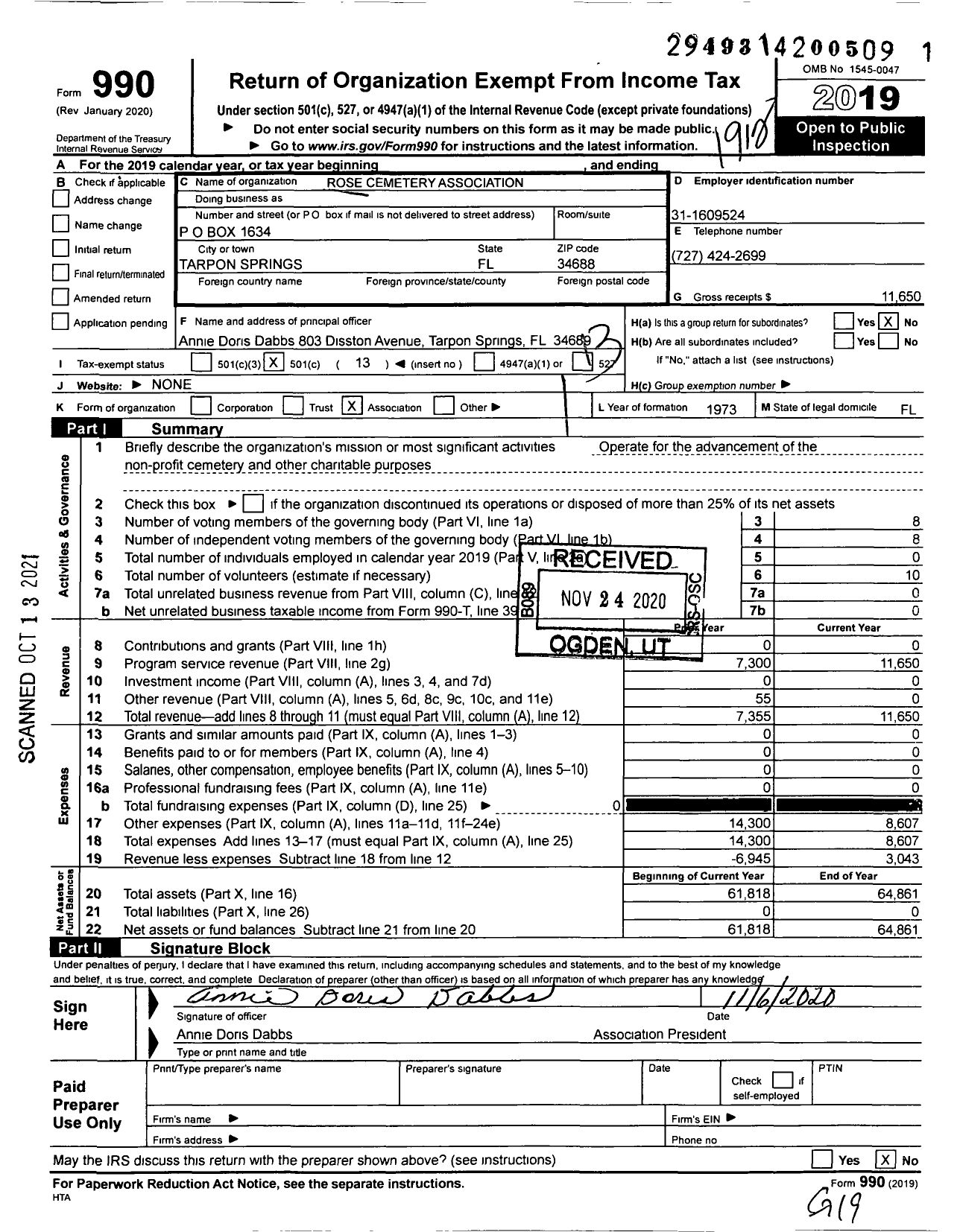 Image of first page of 2019 Form 990O for Rose Cemetery Association