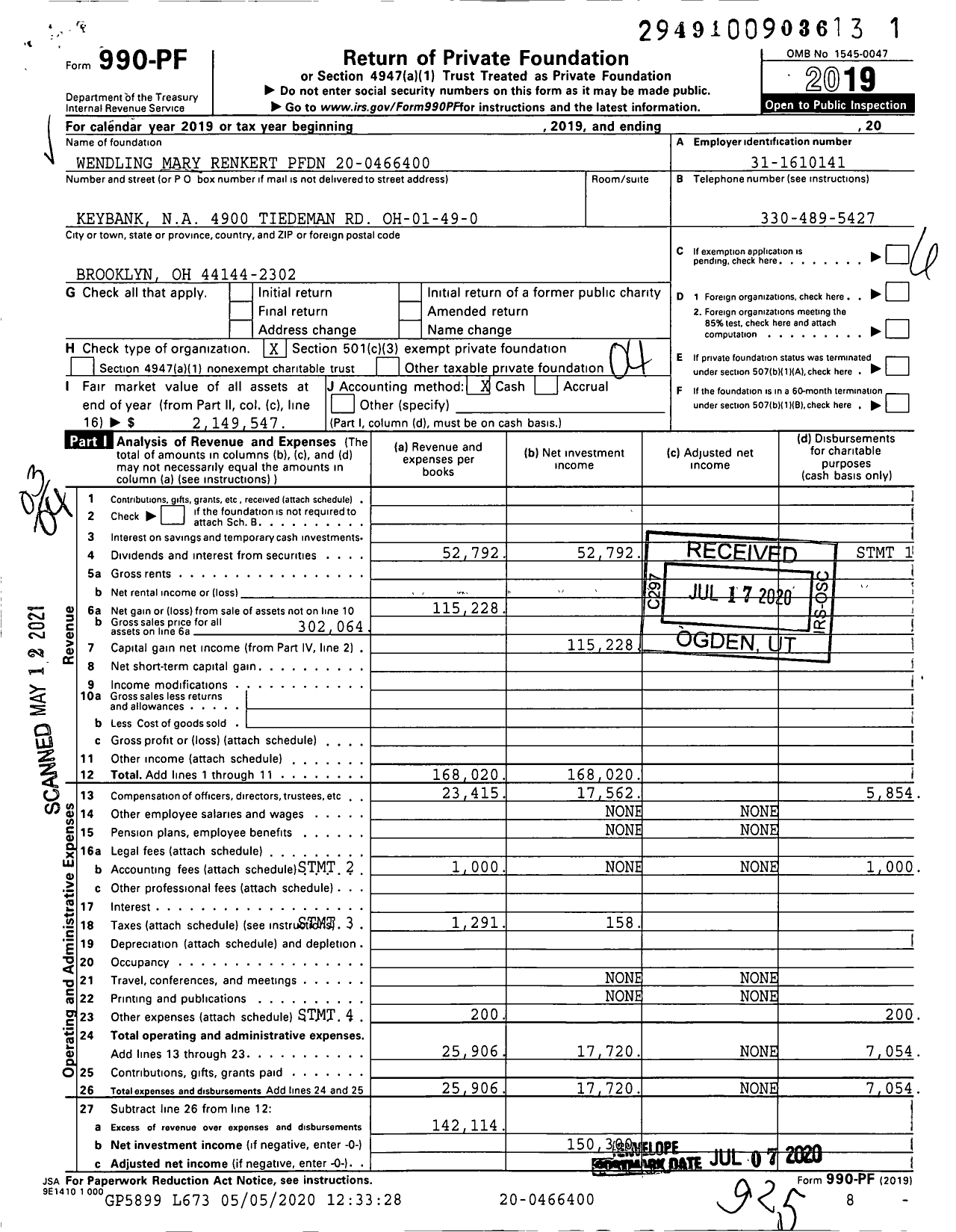 Image of first page of 2019 Form 990PF for Wendling Mary Renkert PFDN