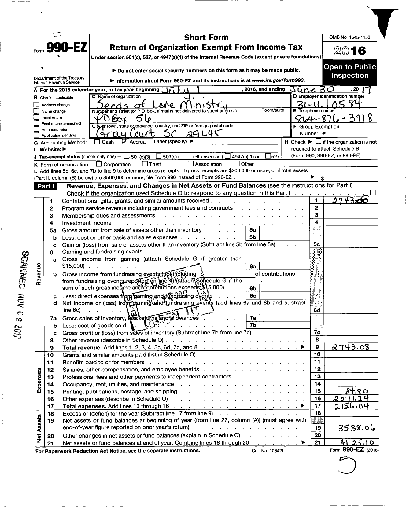 Image of first page of 2016 Form 990EO for Seeds of Love Ministry